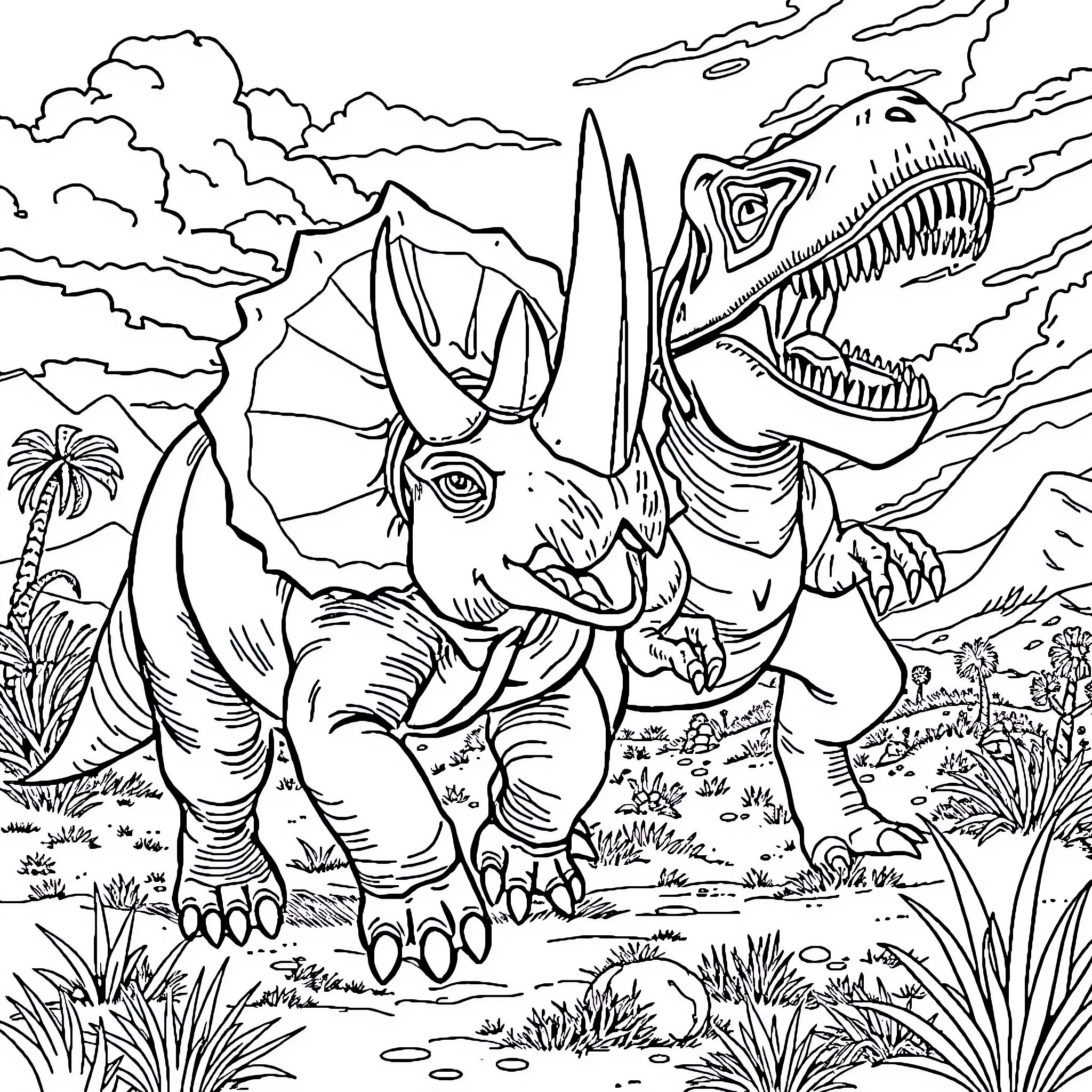 Triceratops roaming through a prehistoric landscape Coloring Page (free black-and-white line drawing printable PDF for all, from beginners to advanced learners, including children, teens, adults, and seniors)