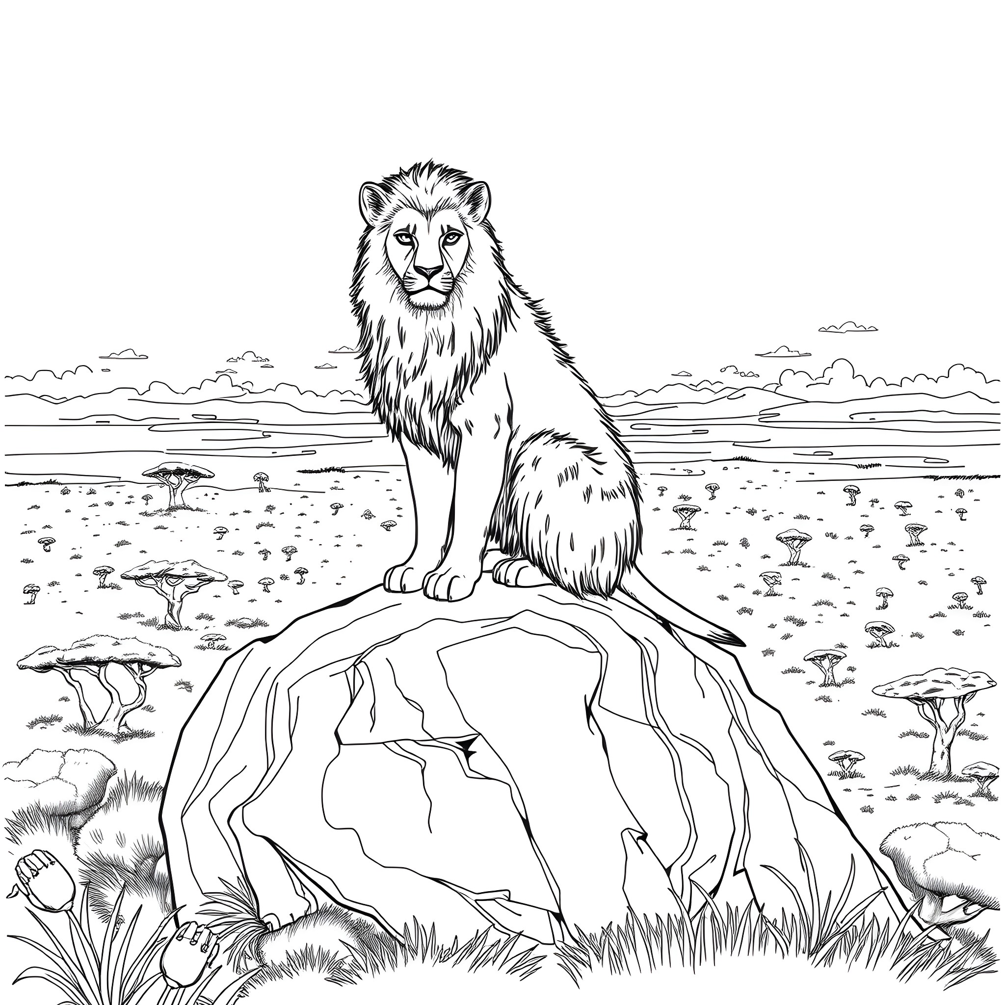 Mugato the majestic lion ruling over the serene savanna Coloring Page (free black-and-white line drawing printable PDF for all, from beginners to advanced learners, including children, teens, adults, and seniors)