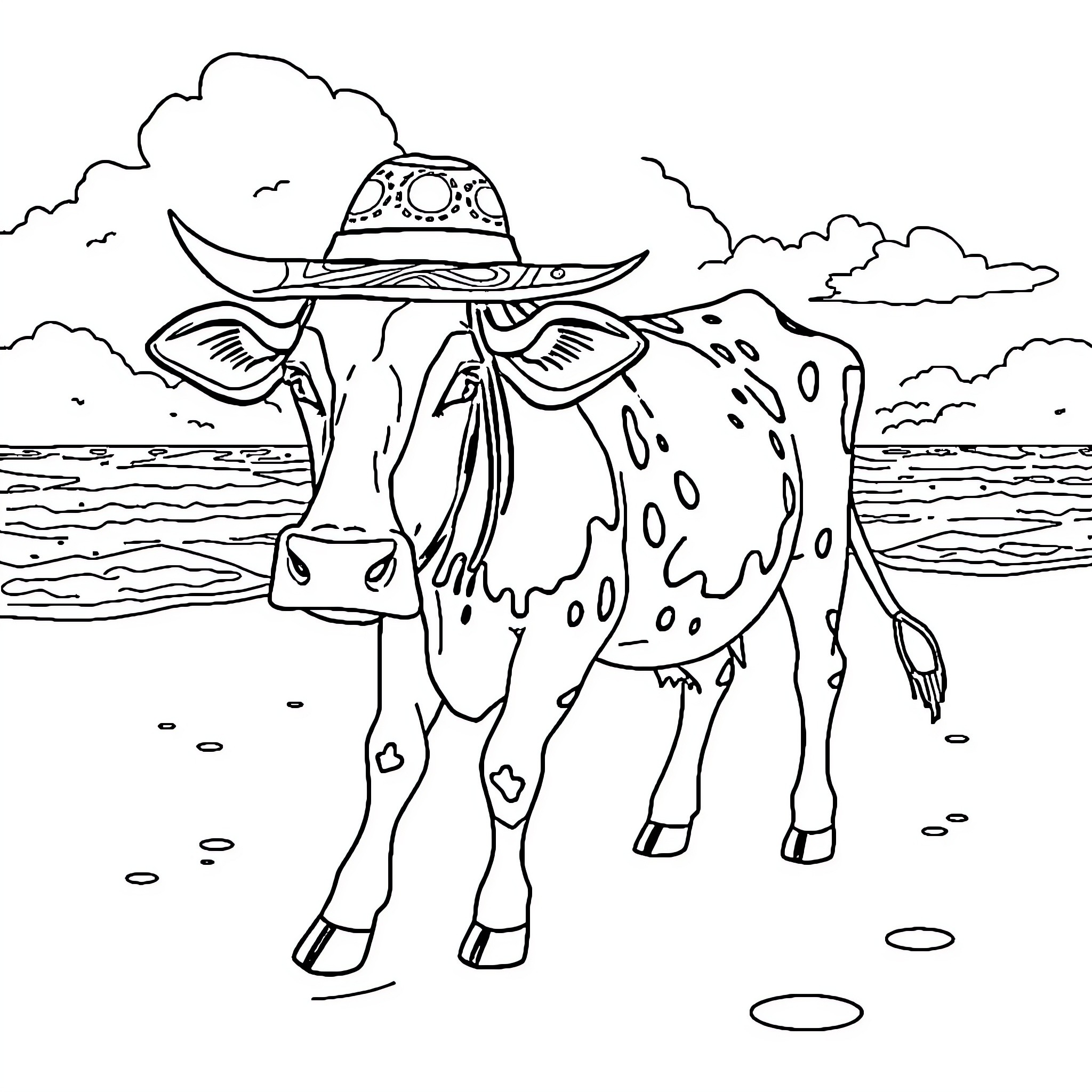 Cow dressed in a hat by the sea Coloring Page (free black-and-white line drawing printable PDF for all, from beginners to advanced learners, including children, teens, adults, and seniors)