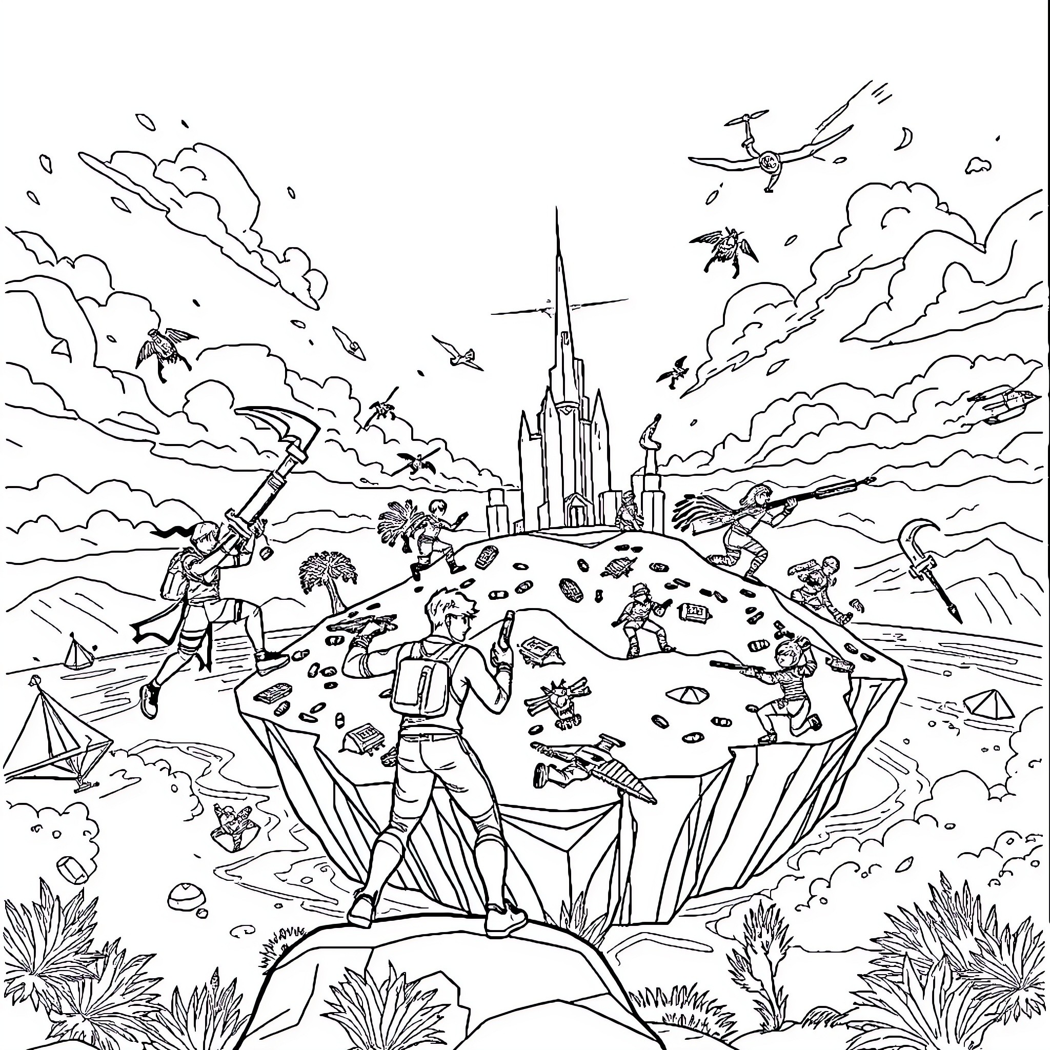 Fortnite characters in an epic fantasy landscape Coloring Page (free black-and-white line drawing printable PDF for all, from beginners to advanced learners, including children, teens, adults, and seniors)