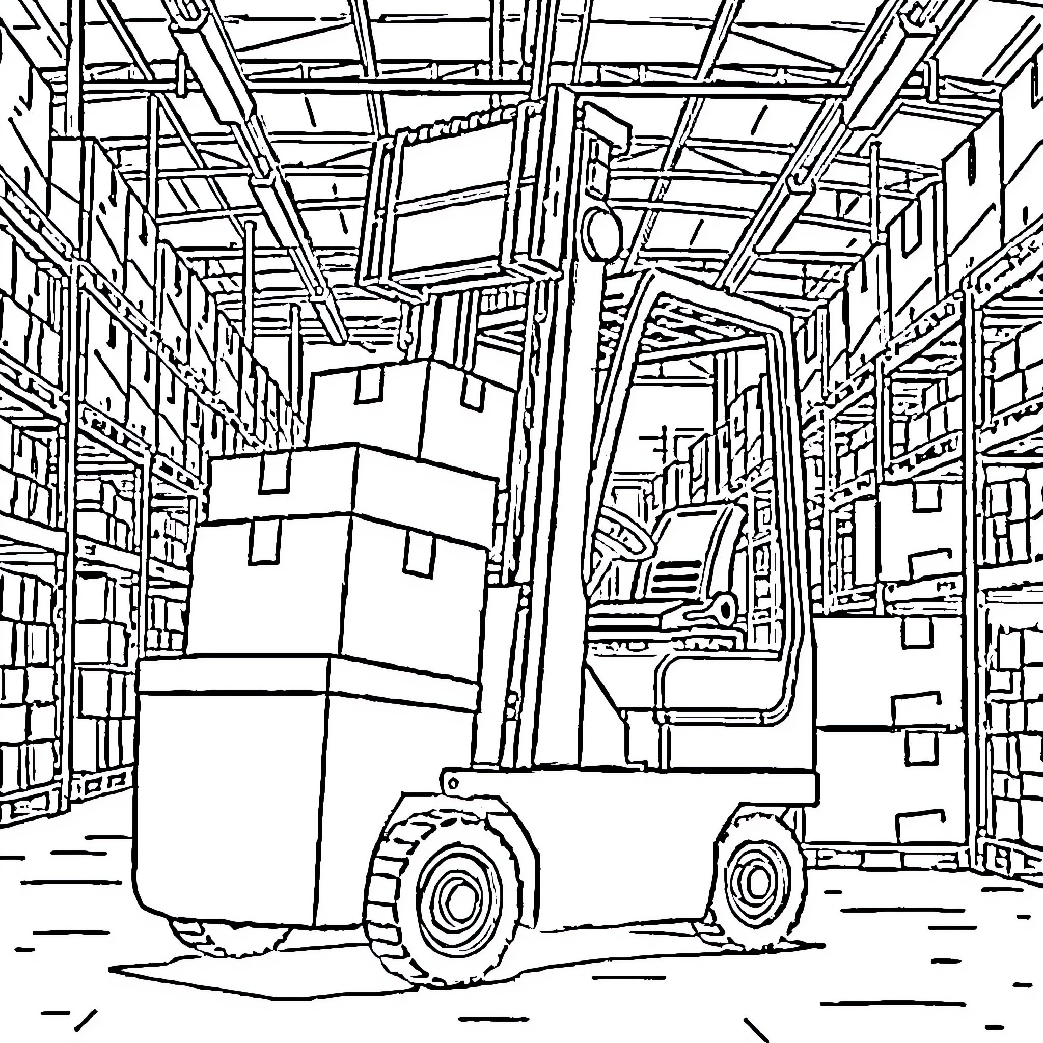 Forklift transporting cargo in warehouse Coloring Page (free black-and-white line drawing printable PDF for all, from beginners to advanced learners, including children, teens, adults, and seniors)