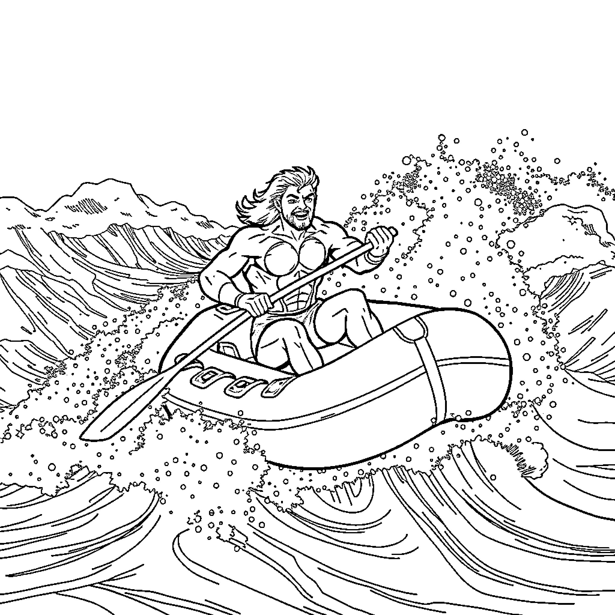 Aquaman surfing through the stormy waves Coloring Page (free black-and-white line drawing printable PDF for all, from beginners to advanced learners, including children, teens, adults, and seniors)