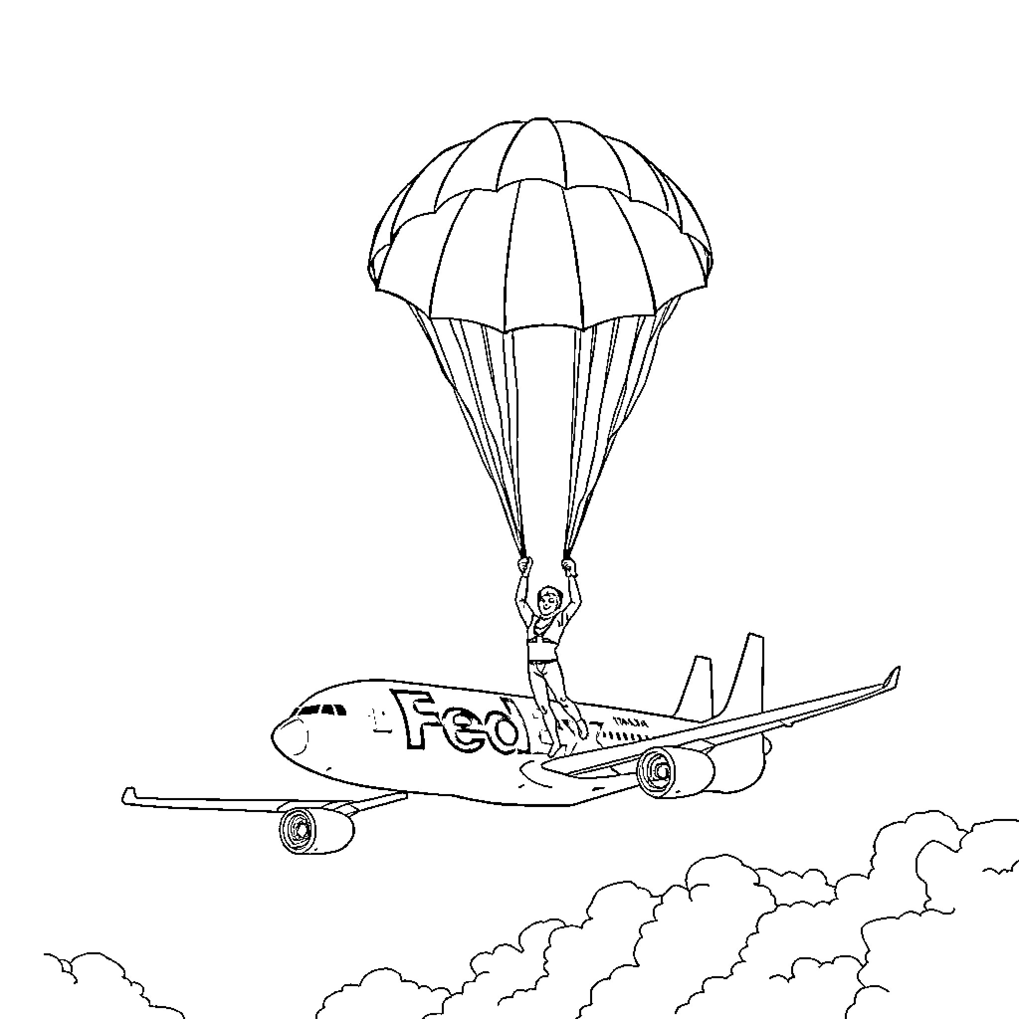 Person skydiving from airplane in the sky Coloring Page (free black-and-white line drawing printable PDF for all, from beginners to advanced learners, including children, teens, adults, and seniors)