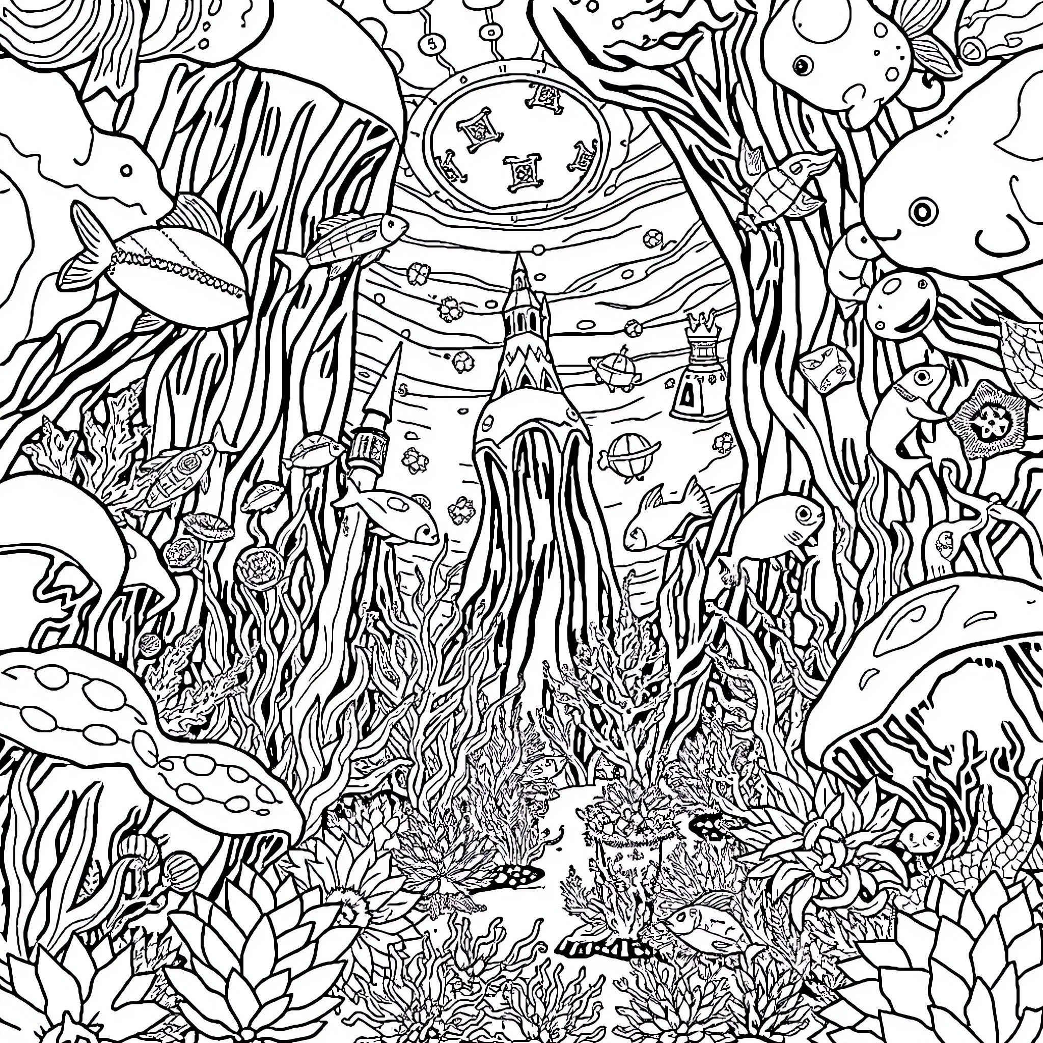 Alien Underwater Adventure with Strange Creatures and Structures Coloring Page (free black-and-white line drawing printable PDF for all, from beginners to advanced learners, including children, teens, adults, and seniors)