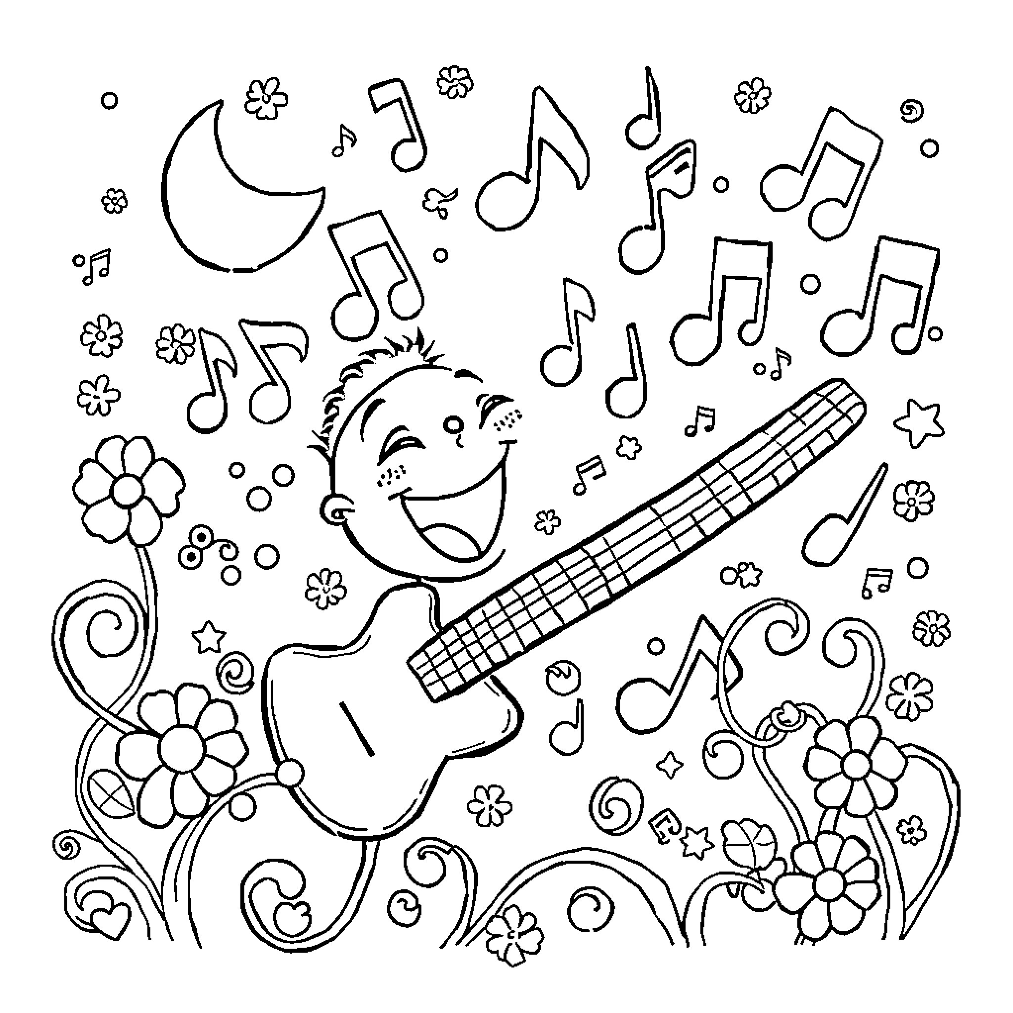 Tralalero Playing Happily with Musical Notes Coloring Page (free black-and-white line drawing printable PDF for all, from beginners to advanced learners, including children, teens, adults, and seniors)