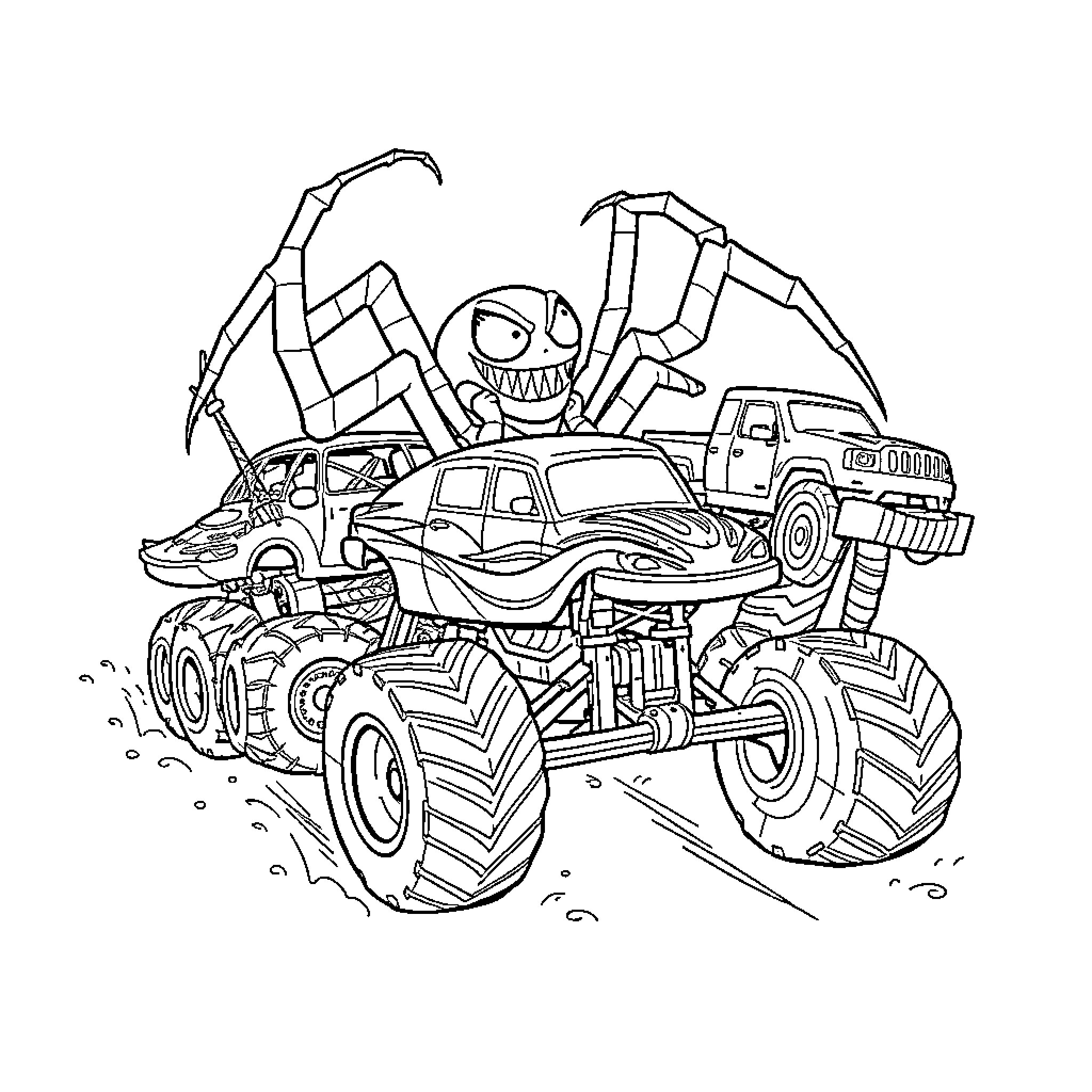 Spider-themed monster truck crushing cars Coloring Page (free black-and-white line drawing printable PDF for all, from beginners to advanced learners, including children, teens, adults, and seniors)