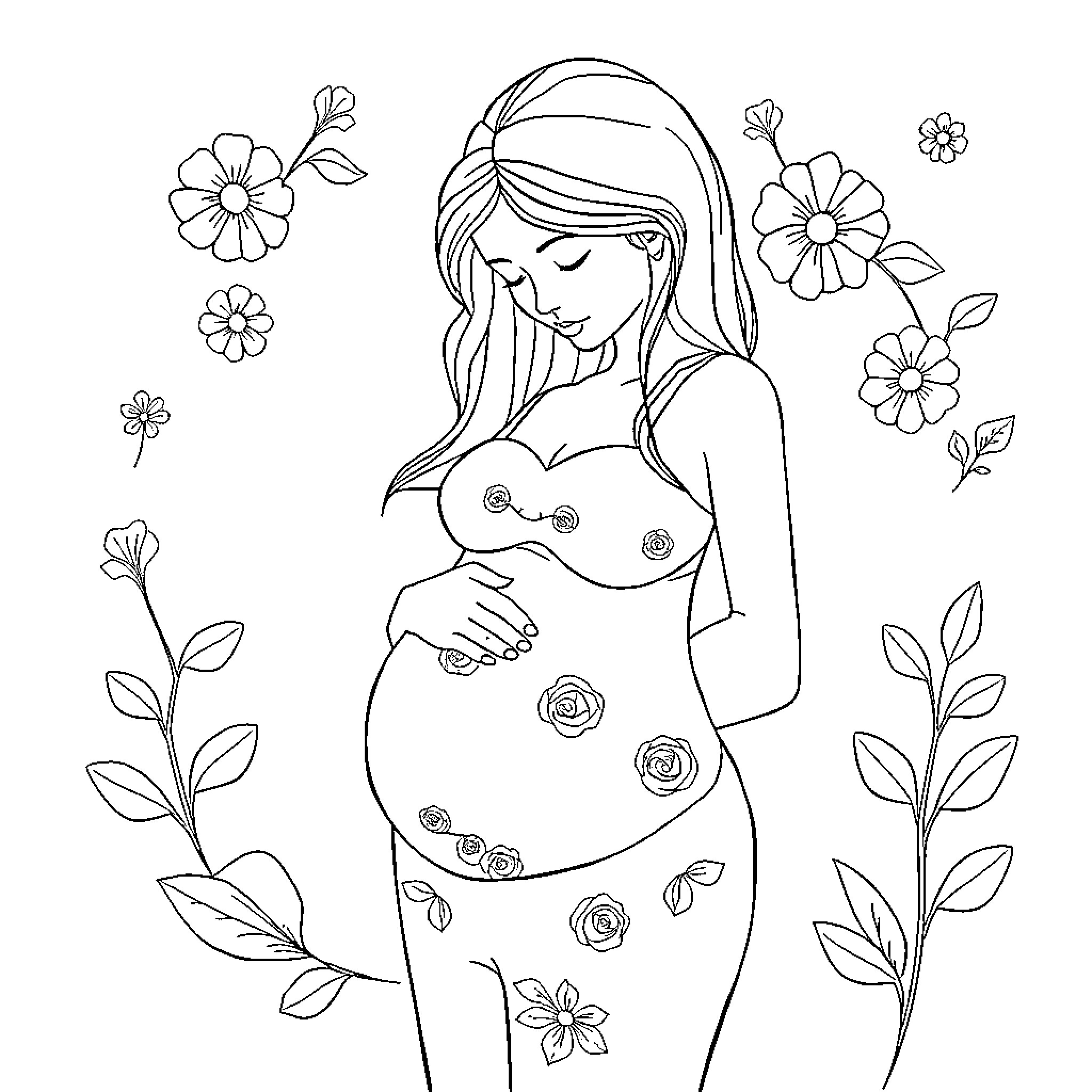 Pregnant Woman Surrounded by Flowers Coloring Page (free black-and-white line drawing printable PDF for all, from beginners to advanced learners, including children, teens, adults, and seniors)