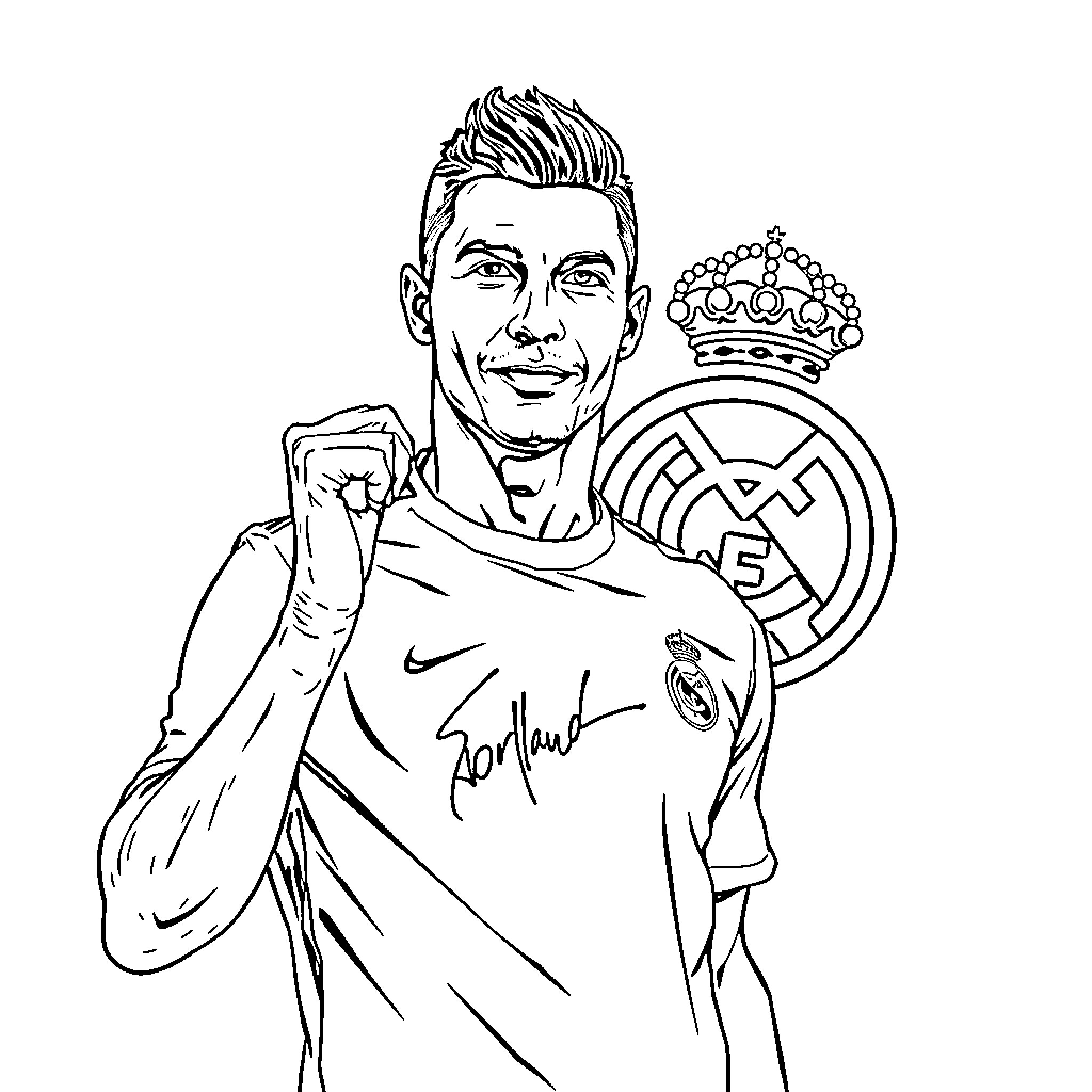 Cristiano Ronaldo Celebrating His Football Success Coloring Page (free black-and-white line drawing printable PDF for all, from beginners to advanced learners, including children, teens, adults, and seniors)