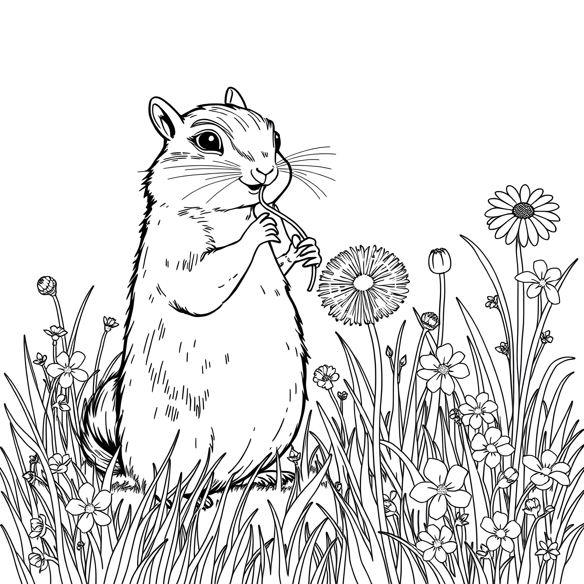 Woodchuck enjoying a floral meadow Coloring Page (free black-and-white line drawing printable PDF for all, from beginners to advanced learners, including children, teens, adults, and seniors)