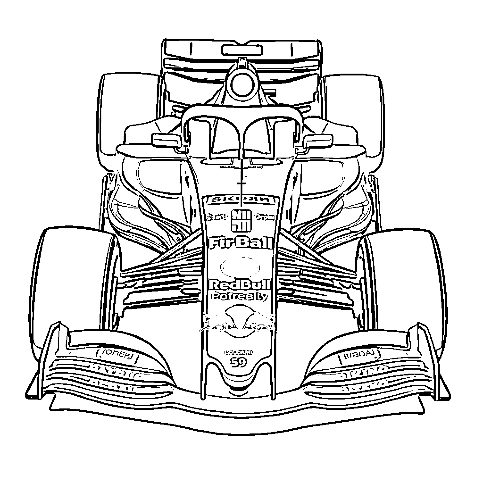 F1 Car in Racing Action Coloring Page (free black-and-white line drawing printable PDF for all, from beginners to advanced learners, including children, teens, adults, and seniors)