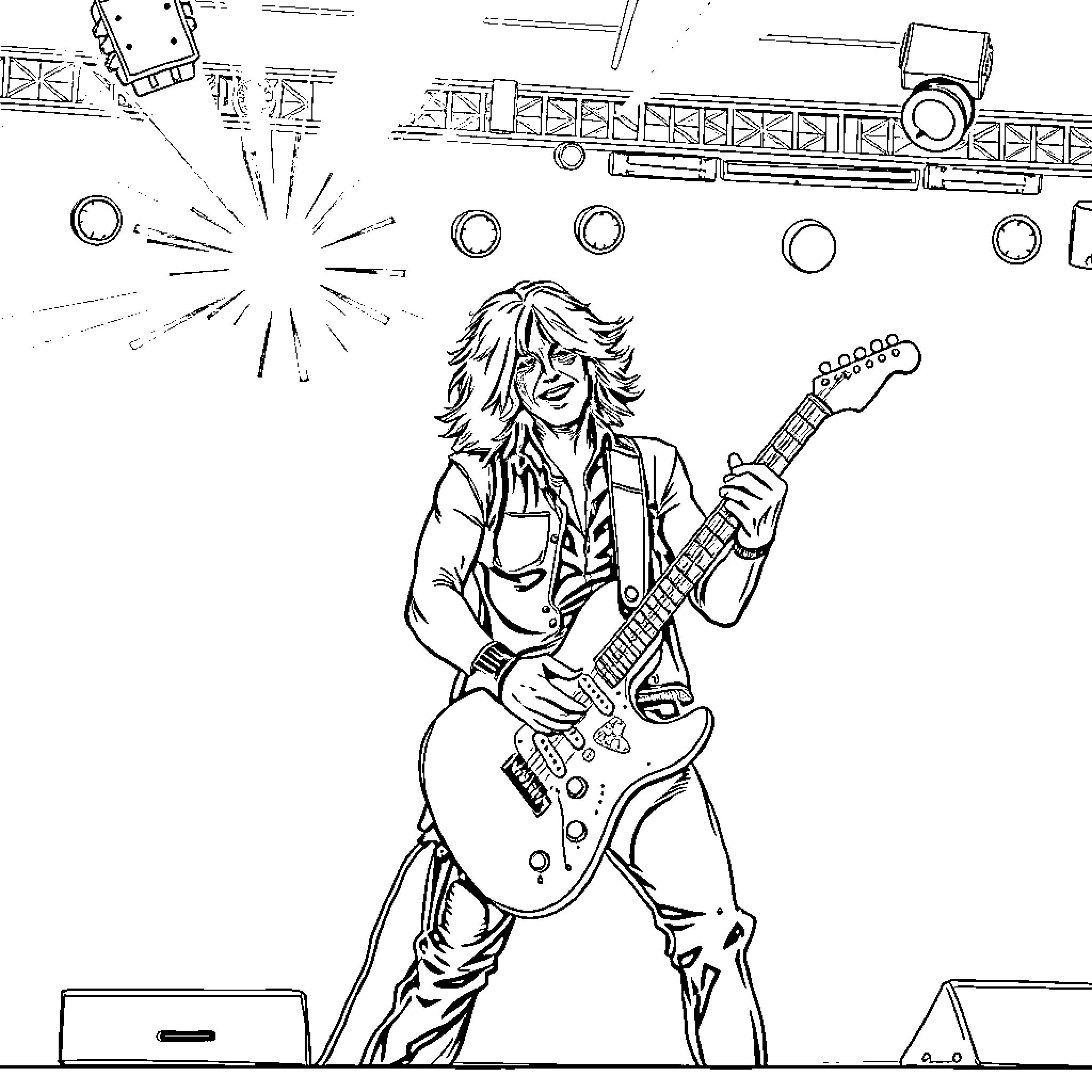 Guitar Player Performing on Stage with Lights and Amplifiers Coloring Page (free black-and-white line drawing printable PDF for all, from beginners to advanced learners, including children, teens, adults, and seniors)