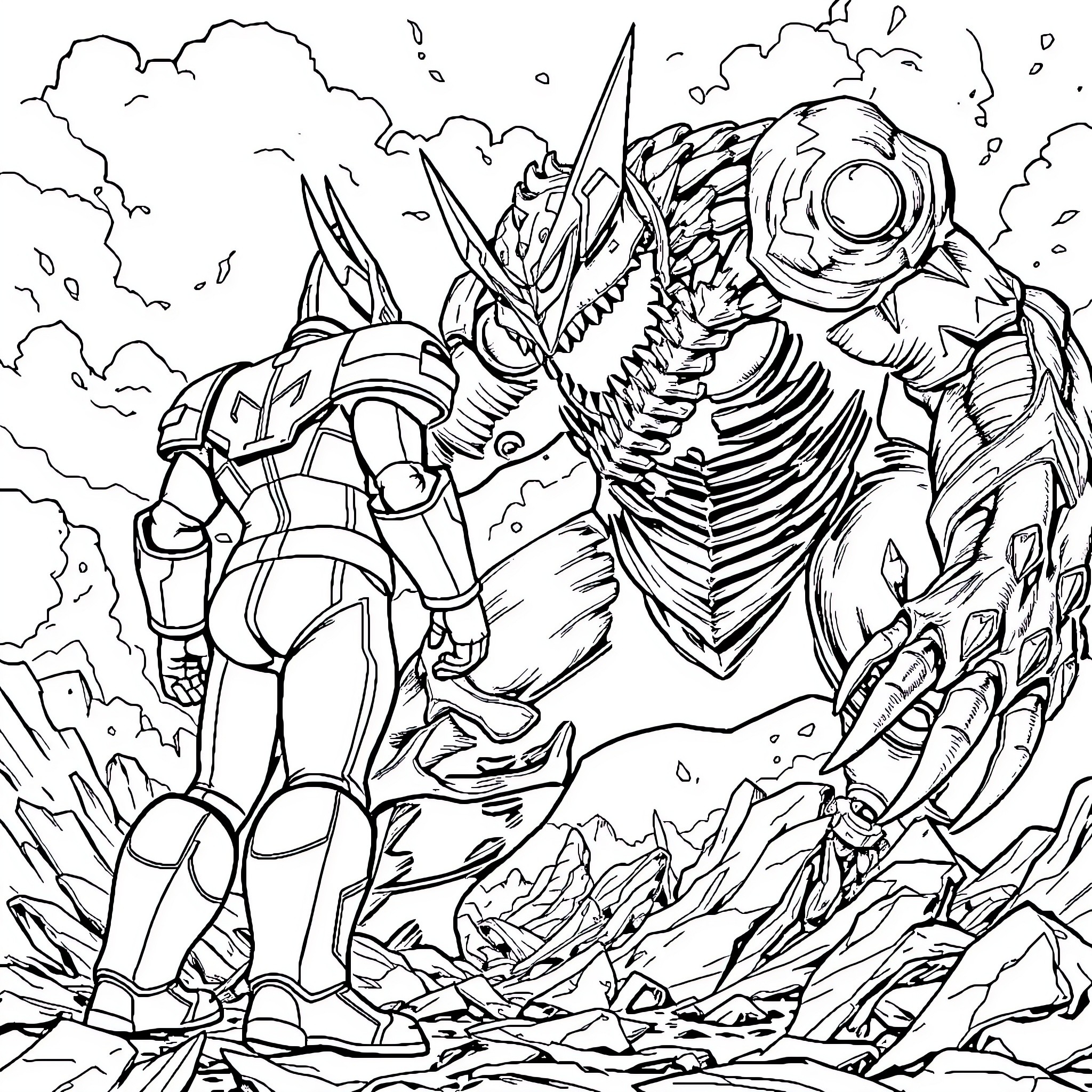 Ultraman battles a fierce monster in a dramatic scene Coloring Page (free black-and-white line drawing printable PDF for all, from beginners to advanced learners, including children, teens, adults, and seniors)