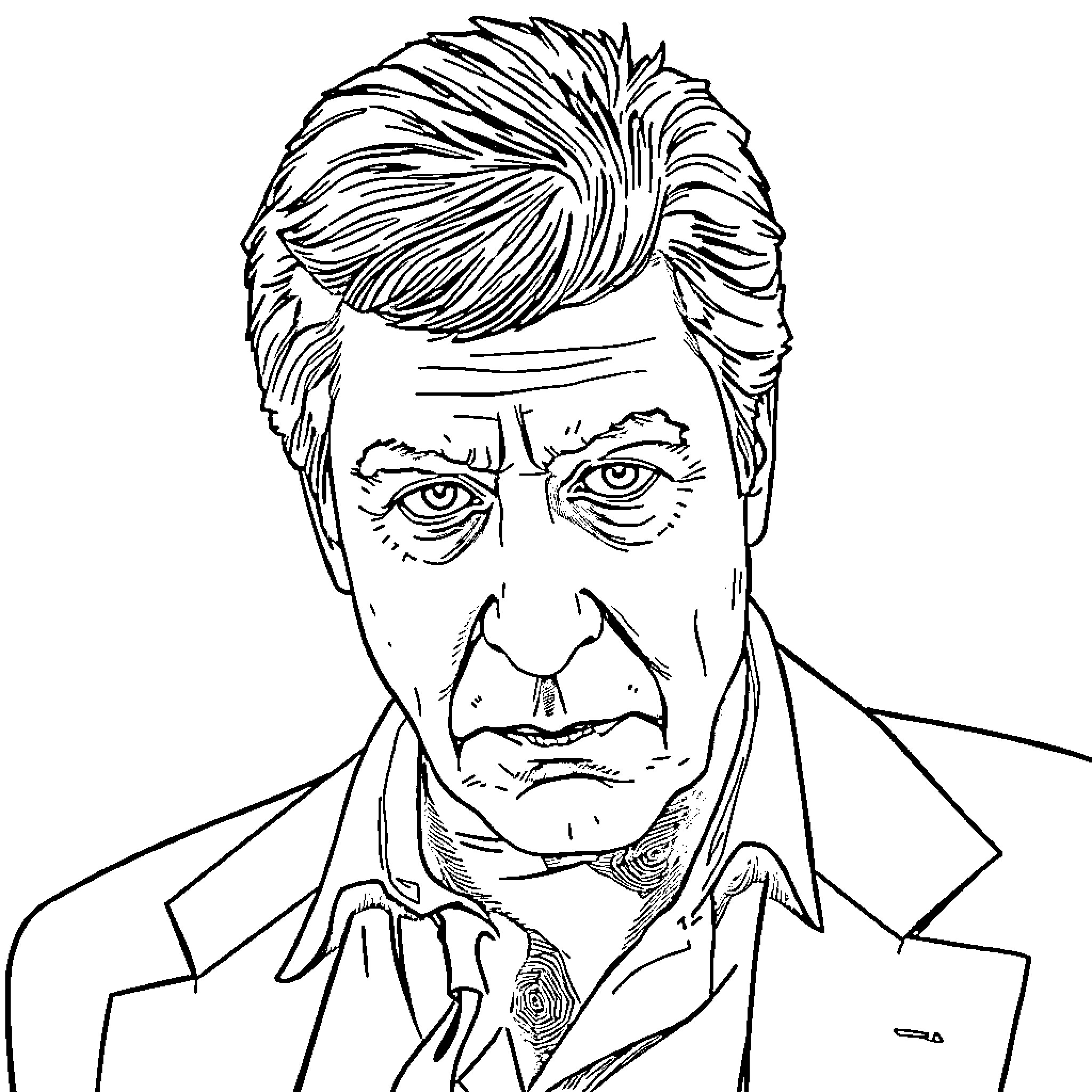 Al Pacino in a pensive expression with detailed features Coloring Page (free black-and-white line drawing printable PDF for all, from beginners to advanced learners, including children, teens, adults, and seniors)