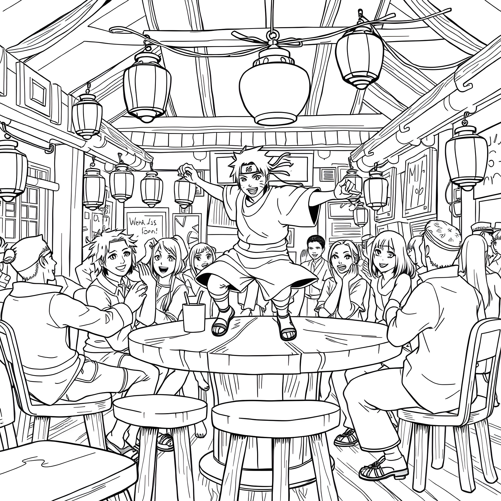 Naruto Hanging Out with Friends in a Lively Cafe Coloring Page (free black-and-white line drawing printable PDF for all, from beginners to advanced learners, including children, teens, adults, and seniors)
