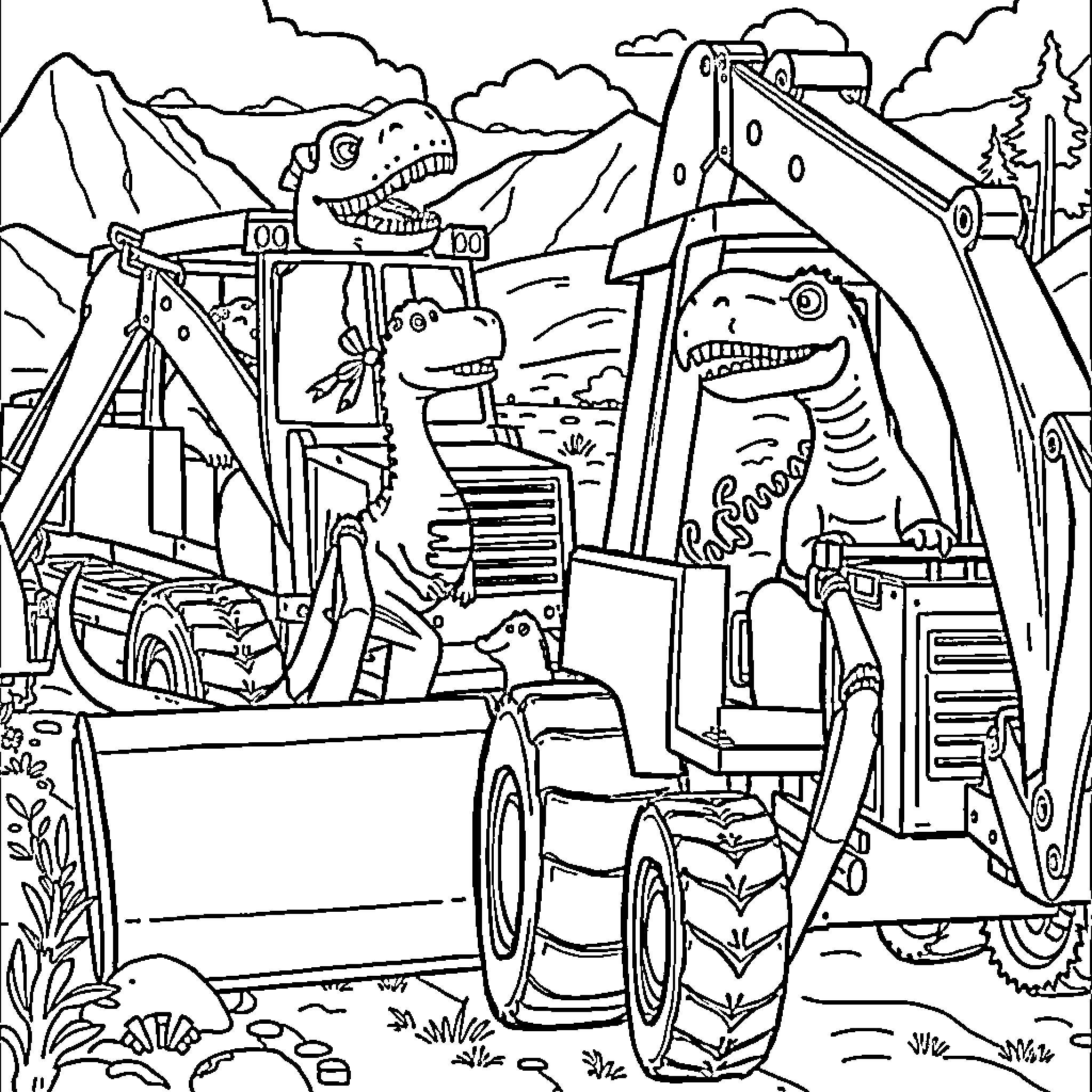 Dinosaur construction workers on the job site Coloring Page (free black-and-white line drawing printable PDF for all, from beginners to advanced learners, including children, teens, adults, and seniors)