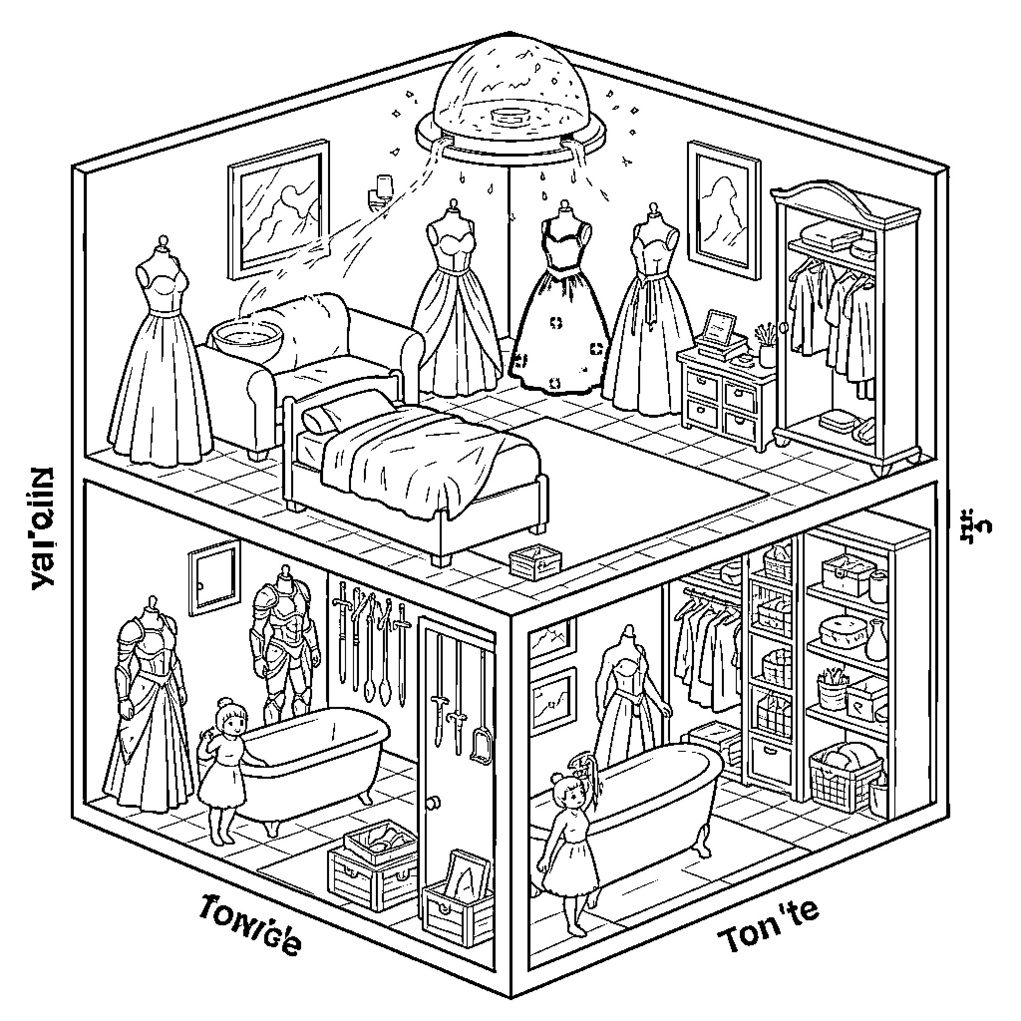 Indigo girl exploring a magical bedroom and dressing room Coloring Page (free black-and-white line drawing printable PDF for all, from beginners to advanced learners, including children, teens, adults, and seniors)