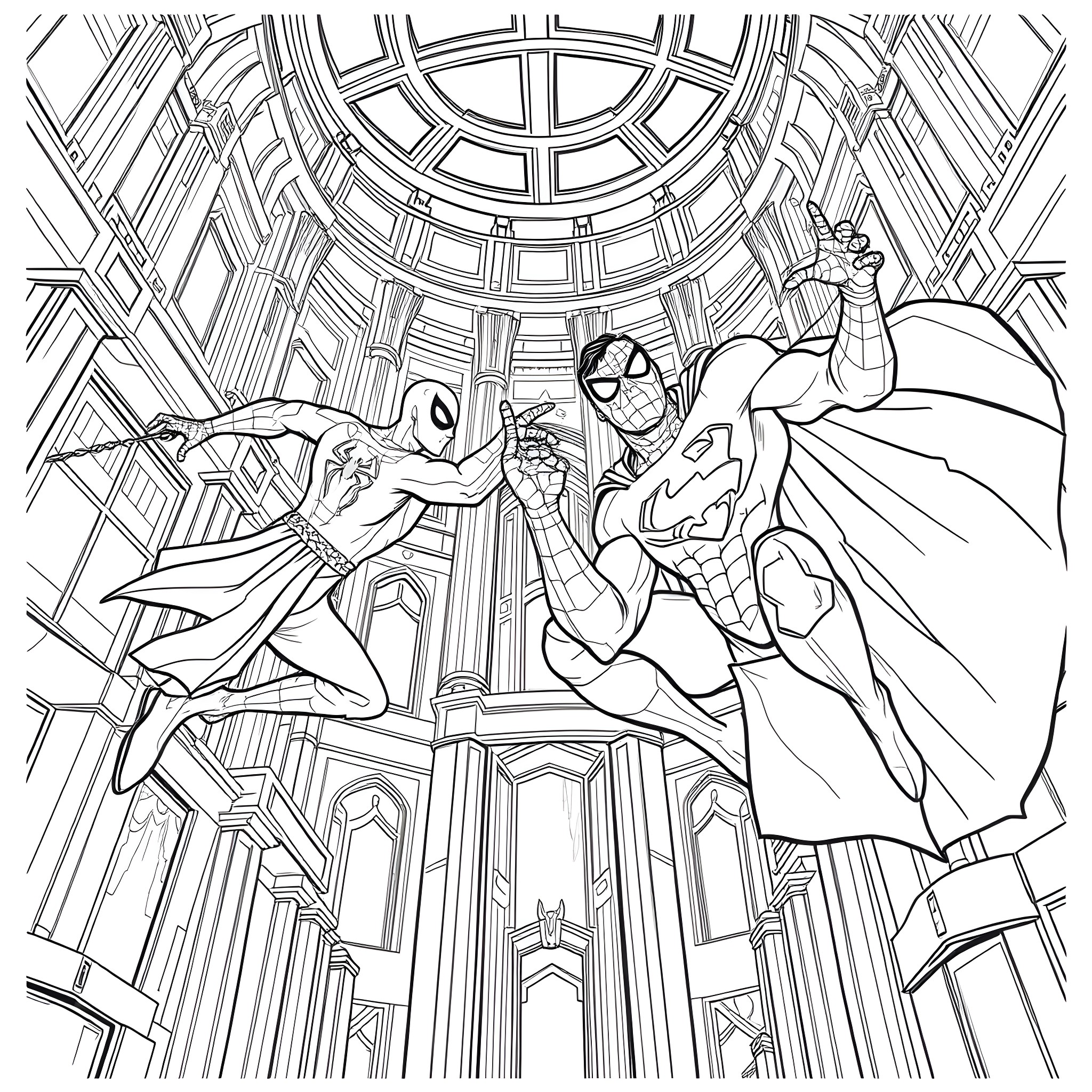 Spiderman and his allies in an epic battle Coloring Page (free black-and-white line drawing printable PDF for all, from beginners to advanced learners, including children, teens, adults, and seniors)