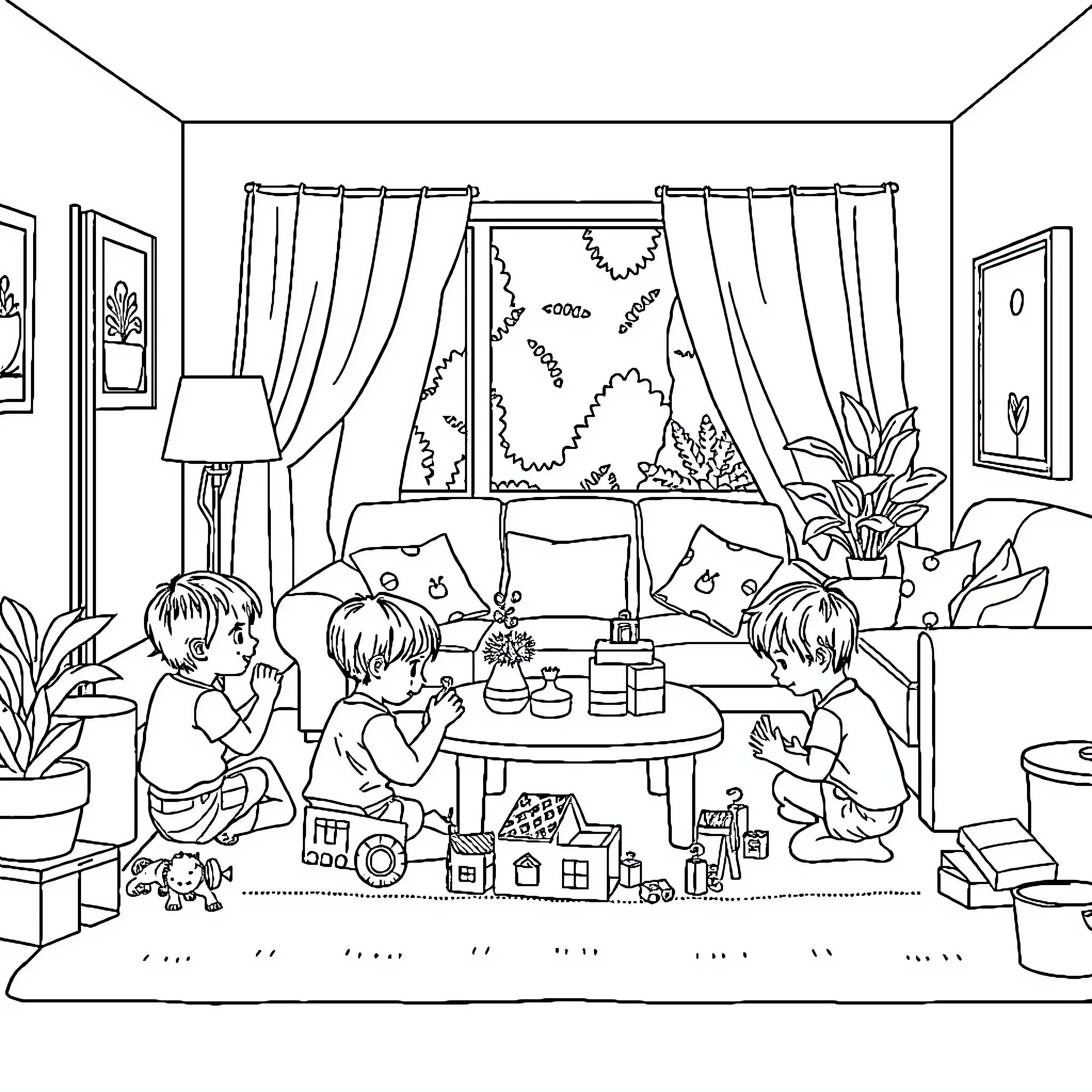 Mom and children playing with toys in the living room Coloring Page (free black-and-white line drawing printable PDF for all, from beginners to advanced learners, including children, teens, adults, and seniors)