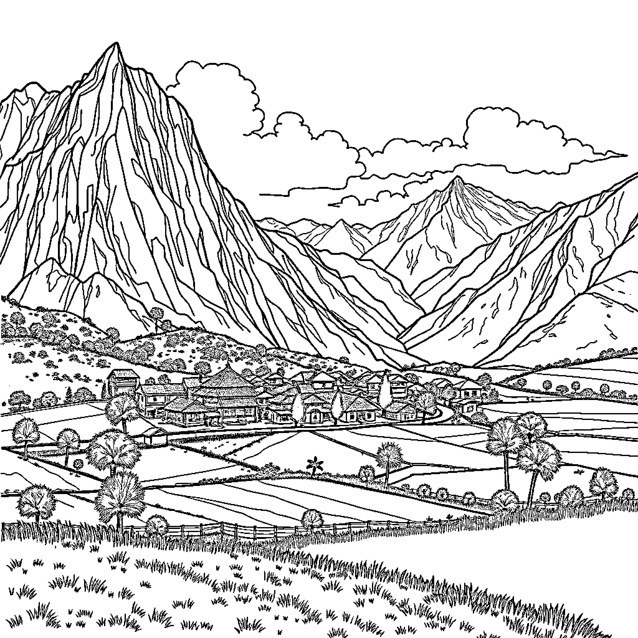 Lohanthany's Majestic Mountain Landscape Coloring Page (free black-and-white line drawing printable PDF for all, from beginners to advanced learners, including children, teens, adults, and seniors)
