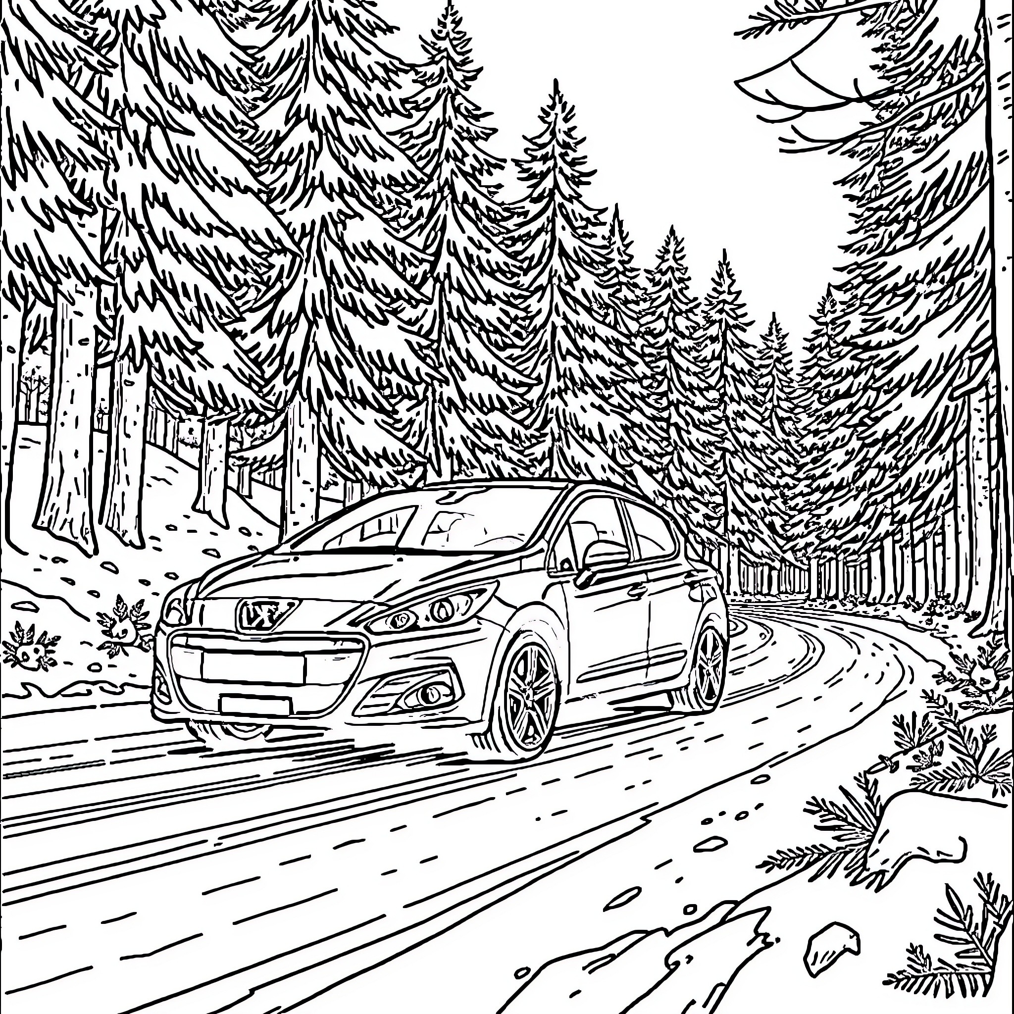 Peugeot car driving through snowy forest landscape Coloring Page (free black-and-white line drawing printable PDF for all, from beginners to advanced learners, including children, teens, adults, and seniors)