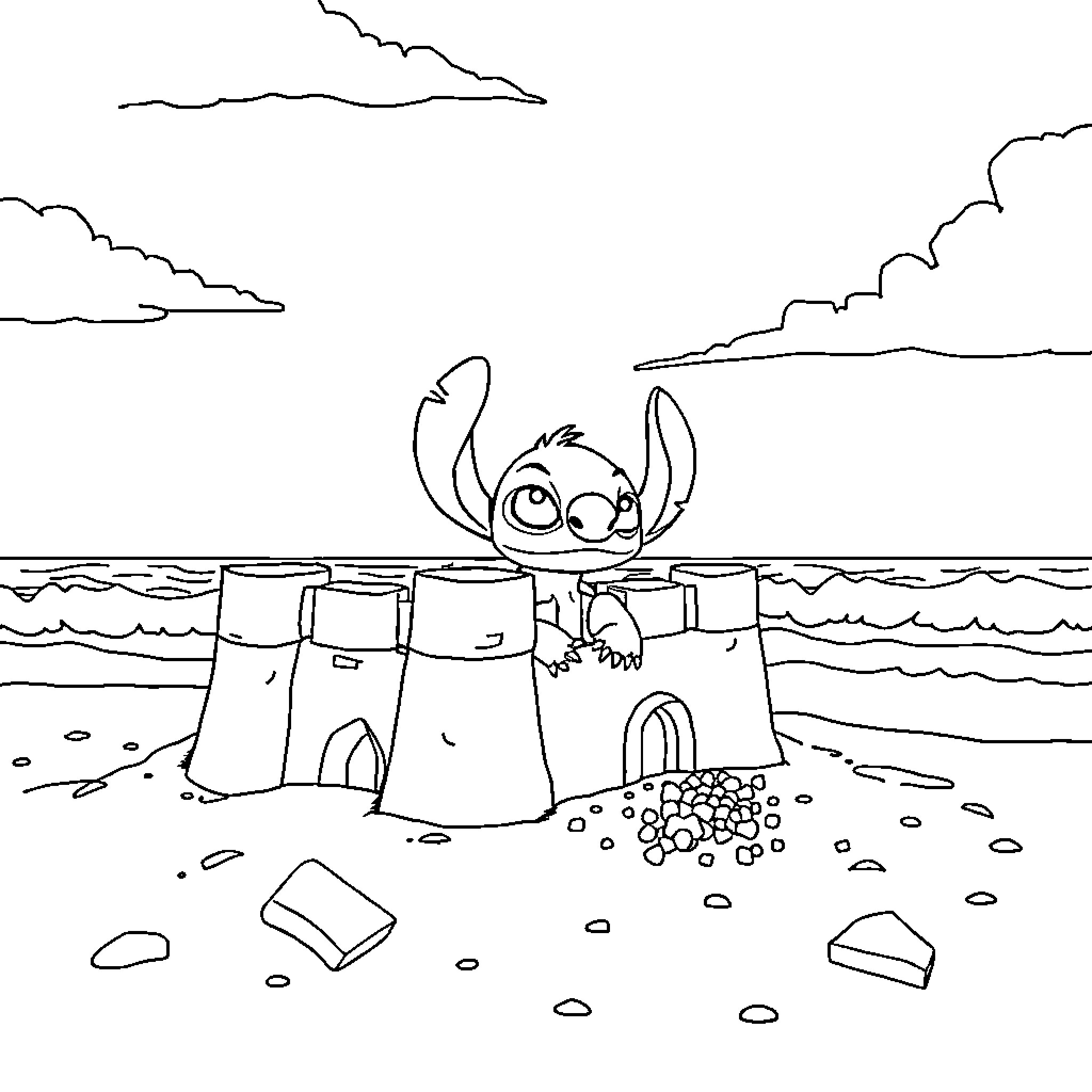 Stitch building a sandcastle on the beach Coloring Page (free black-and-white line drawing printable PDF for all, from beginners to advanced learners, including children, teens, adults, and seniors)