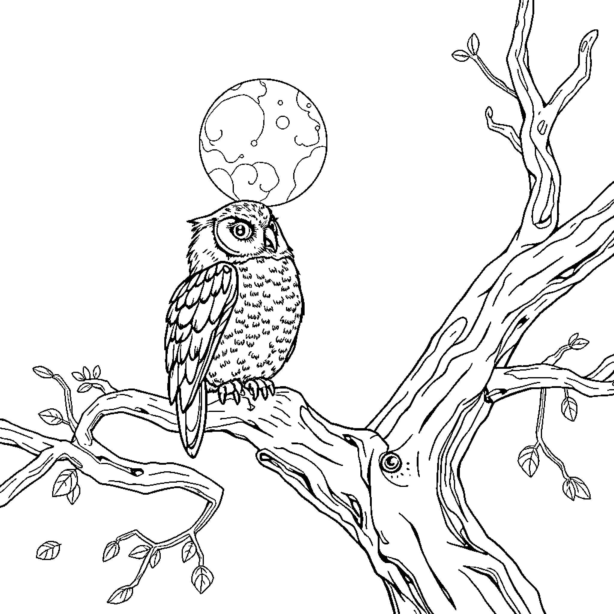 Owl perched on a tree under a full moon Coloring Page (free black-and-white line drawing printable PDF for all, from beginners to advanced learners, including children, teens, adults, and seniors)