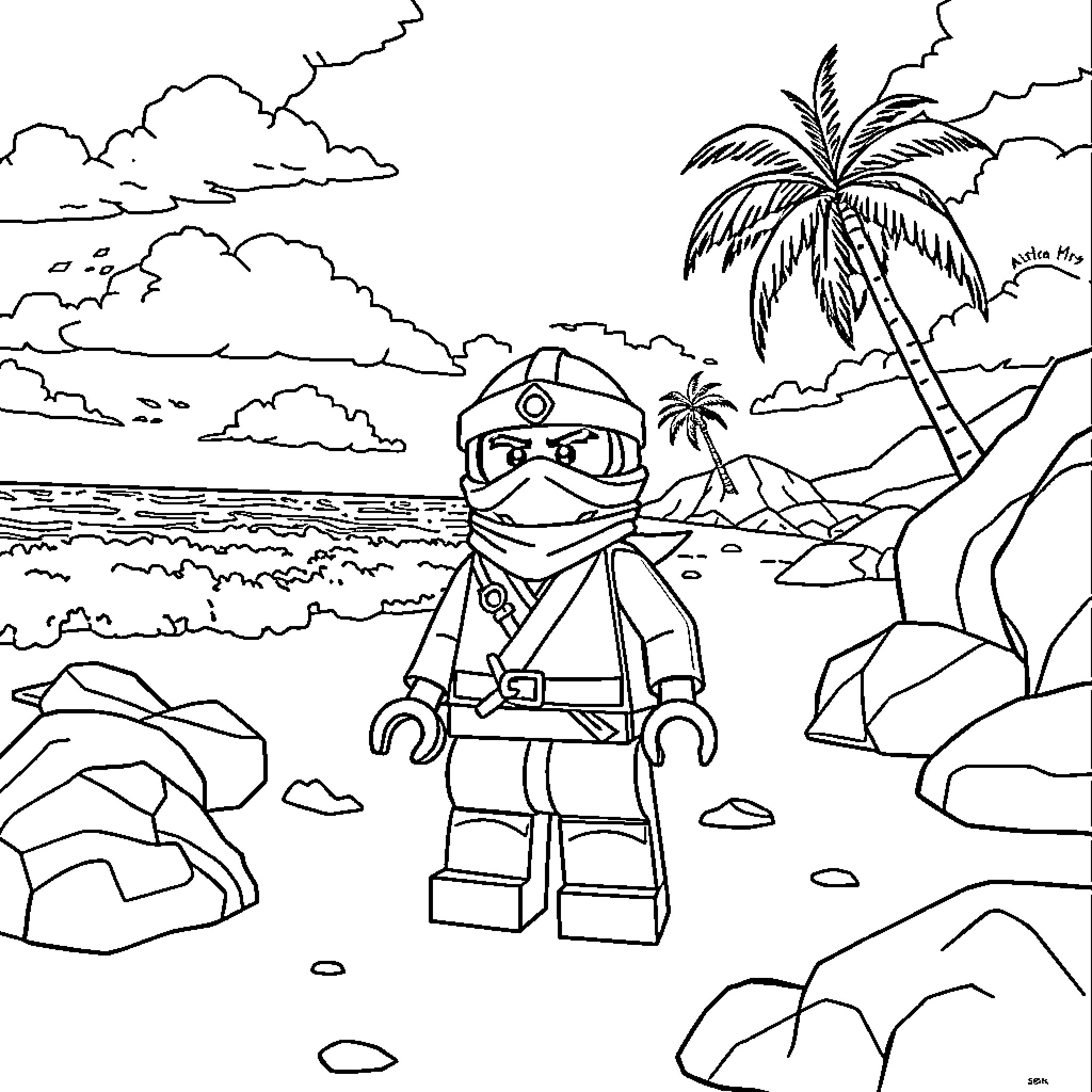 Kai on a tropical beach adventure Coloring Page (free black-and-white line drawing printable PDF for all, from beginners to advanced learners, including children, teens, adults, and seniors)