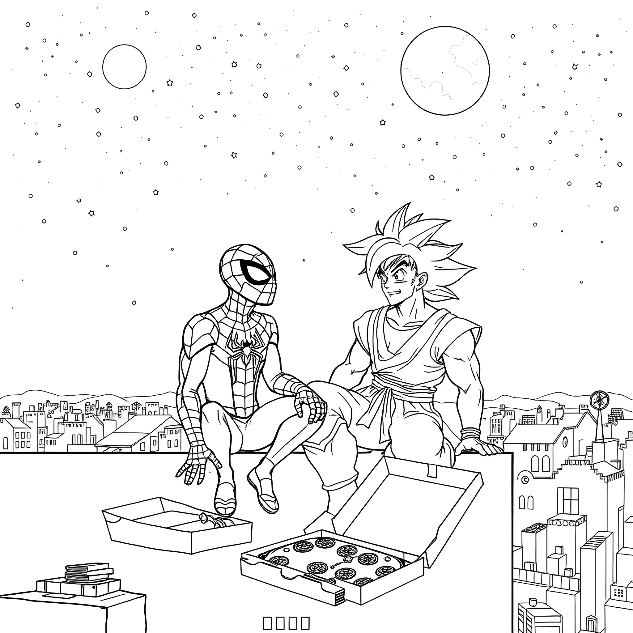 Spiderman and Goku enjoying snacks under the night sky Coloring Page (free black-and-white line drawing printable PDF for all, from beginners to advanced learners, including children, teens, adults, and seniors)