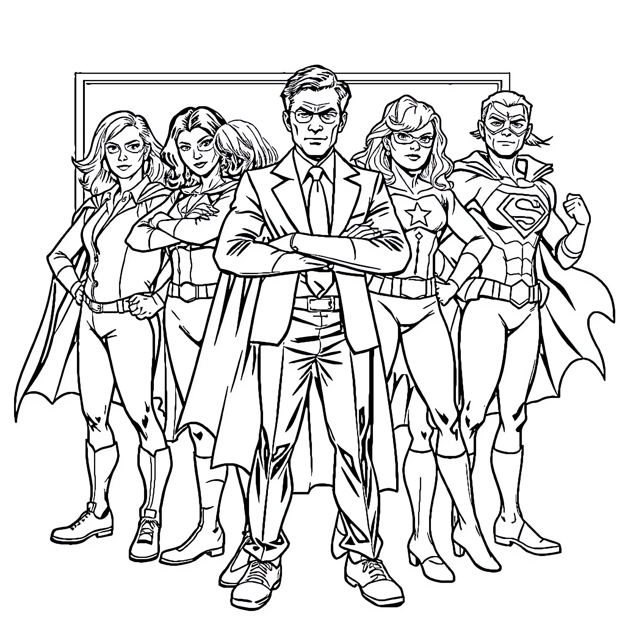 Office Superhero Team Assembled for Action Coloring Page (free black-and-white line drawing printable PDF for all, from beginners to advanced learners, including children, teens, adults, and seniors)