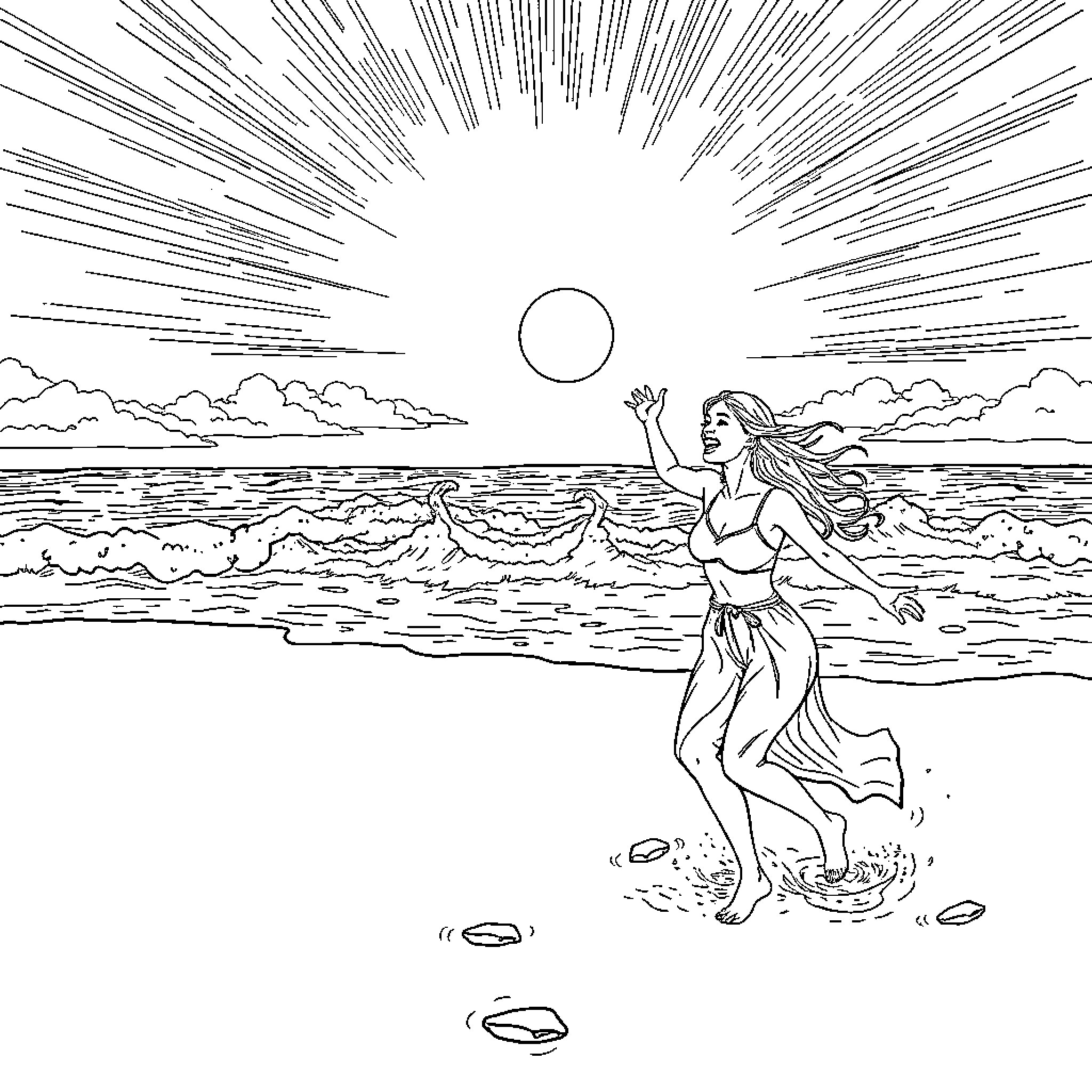 Woman dancing joyfully on the beach Coloring Page (free black-and-white line drawing printable PDF for all, from beginners to advanced learners, including children, teens, adults, and seniors)