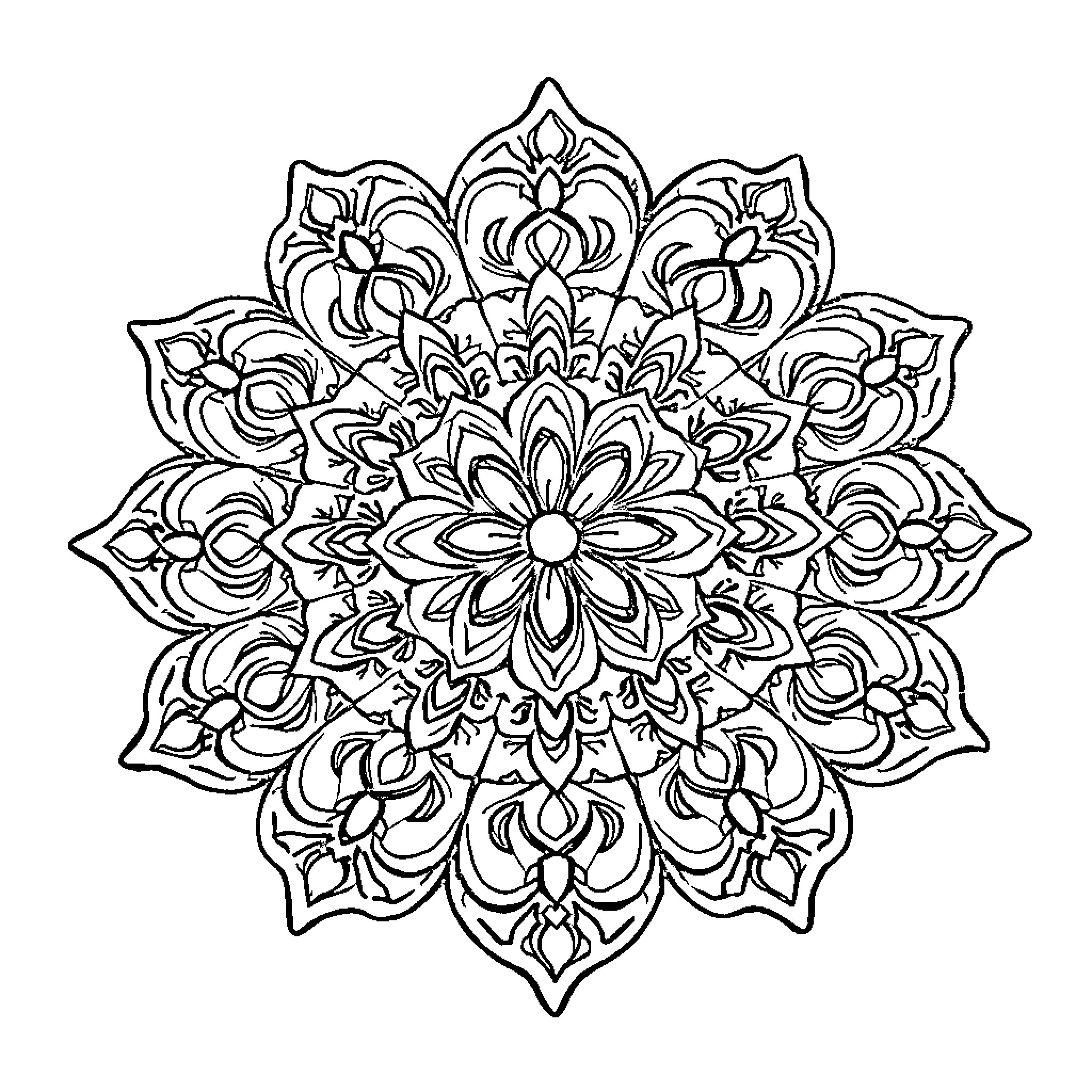 Mandala with intricate floral patterns Coloring Page (free black-and-white line drawing printable PDF for all, from beginners to advanced learners, including children, teens, adults, and seniors)