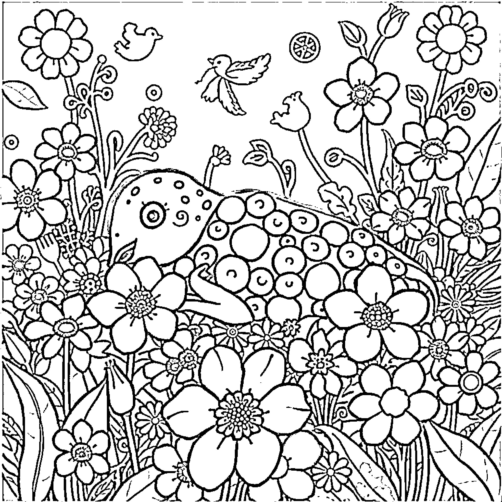 Placenta garden of blooming flowers and whimsical creatures Coloring Page (free black-and-white line drawing printable PDF for all, from beginners to advanced learners, including children, teens, adults, and seniors)