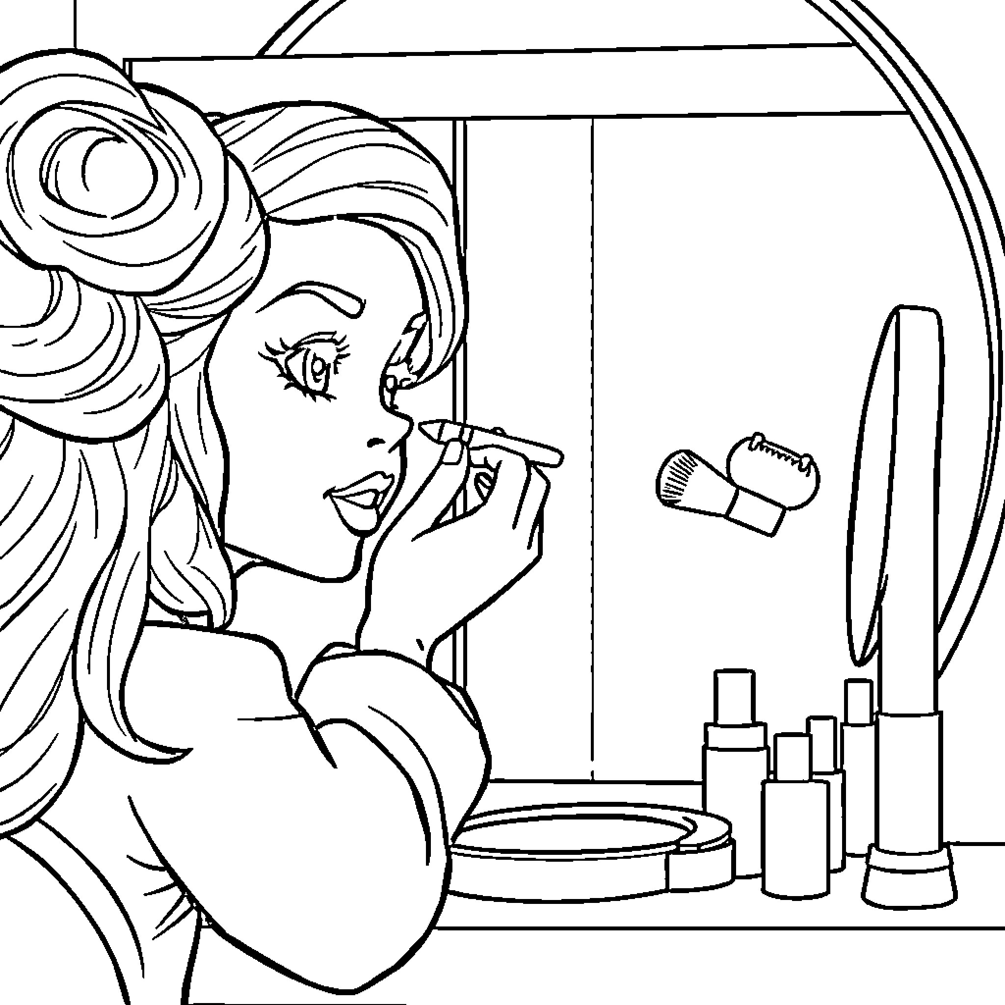 Labubu applying makeup in front of the mirror Coloring Page (free black-and-white line drawing printable PDF for all, from beginners to advanced learners, including children, teens, adults, and seniors)