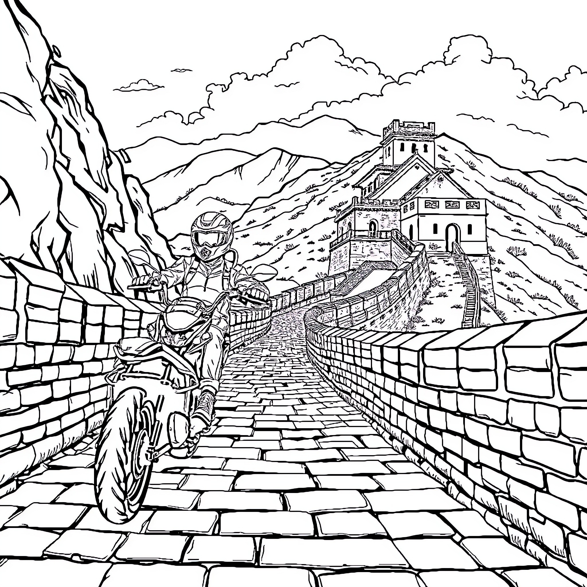 Motorcyclist exploring the Great Wall of China Coloring Page (free black-and-white line drawing printable PDF for all, from beginners to advanced learners, including children, teens, adults, and seniors)