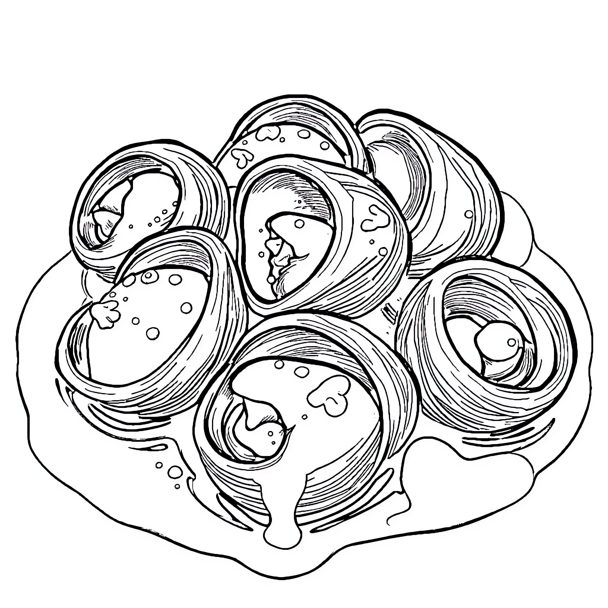 Escargot serving on a plate Coloring Page (free black-and-white line drawing printable PDF for all, from beginners to advanced learners, including children, teens, adults, and seniors)