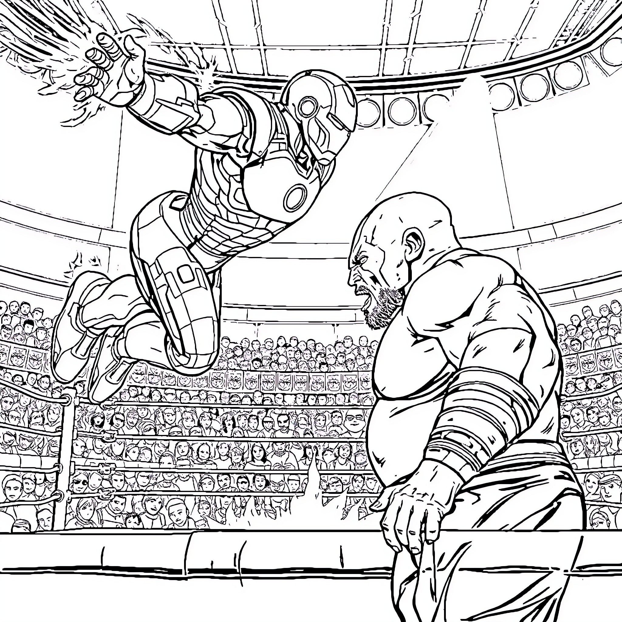Iron Man battling a formidable foe in an intense arena Coloring Page (free black-and-white line drawing printable PDF for all, from beginners to advanced learners, including children, teens, adults, and seniors)