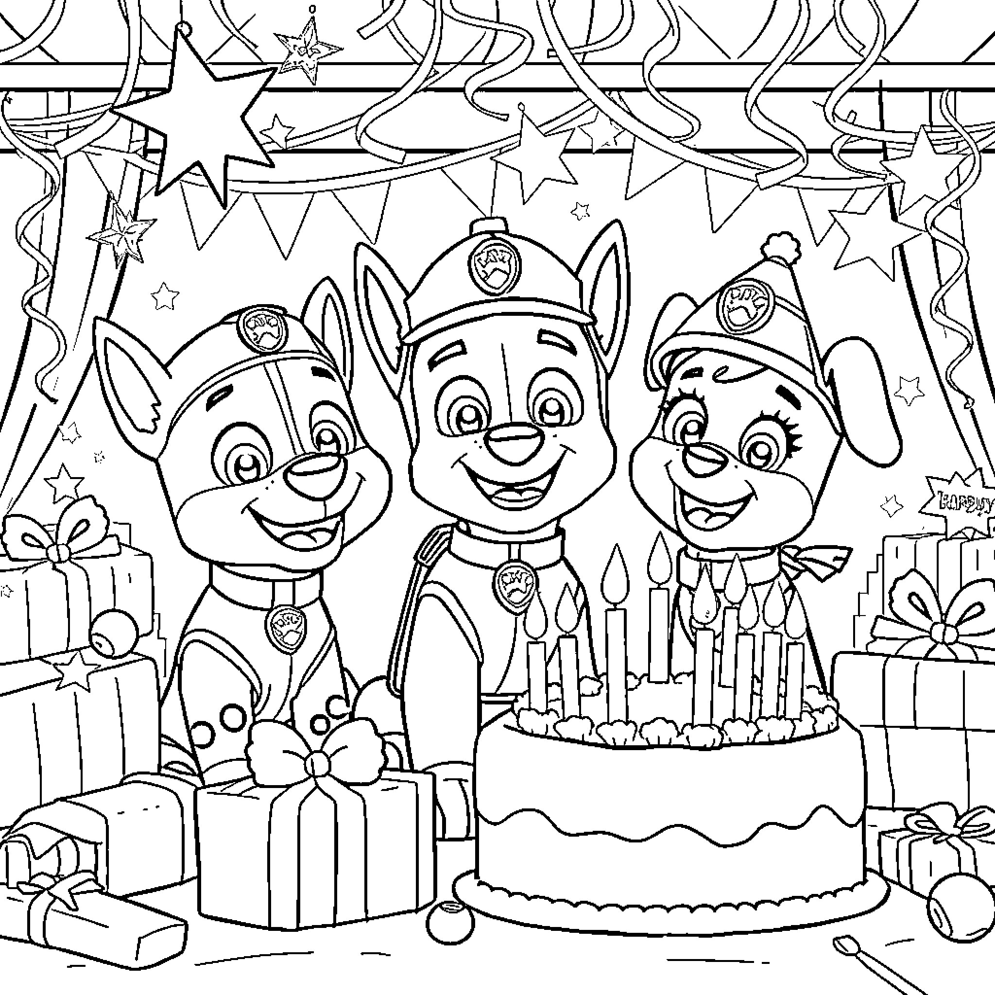Chase the Pups' Birthday Celebration Coloring Page (free black-and-white line drawing printable PDF for all, from beginners to advanced learners, including children, teens, adults, and seniors)