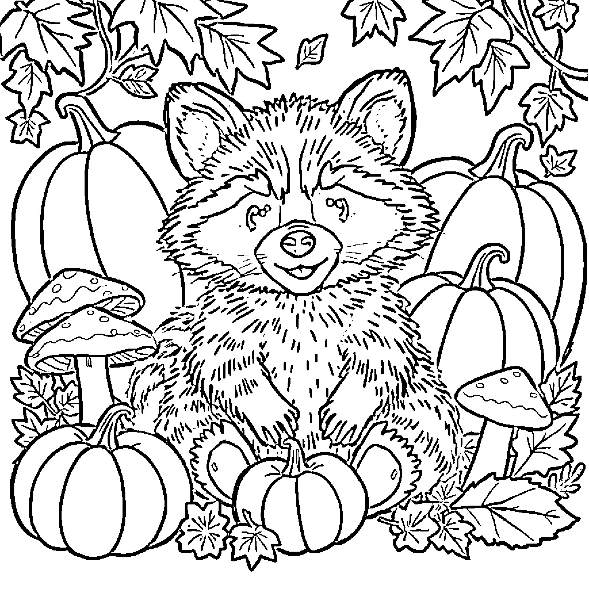 Raccoon among autumn leaves and pumpkins Coloring Page (free black-and-white line drawing printable PDF for all, from beginners to advanced learners, including children, teens, adults, and seniors)