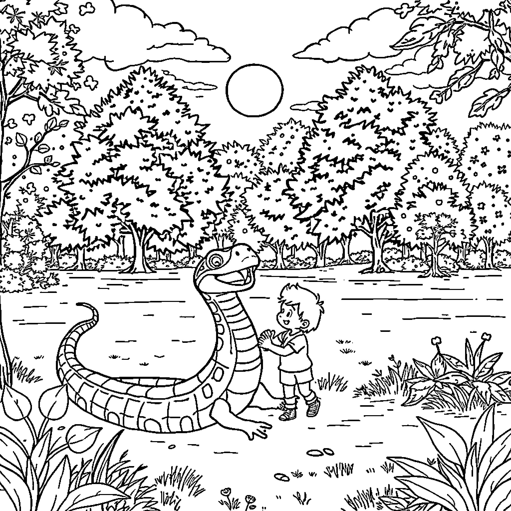 Viper and the young adventurer exploring the forest Coloring Page (free black-and-white line drawing printable PDF for all, from beginners to advanced learners, including children, teens, adults, and seniors)