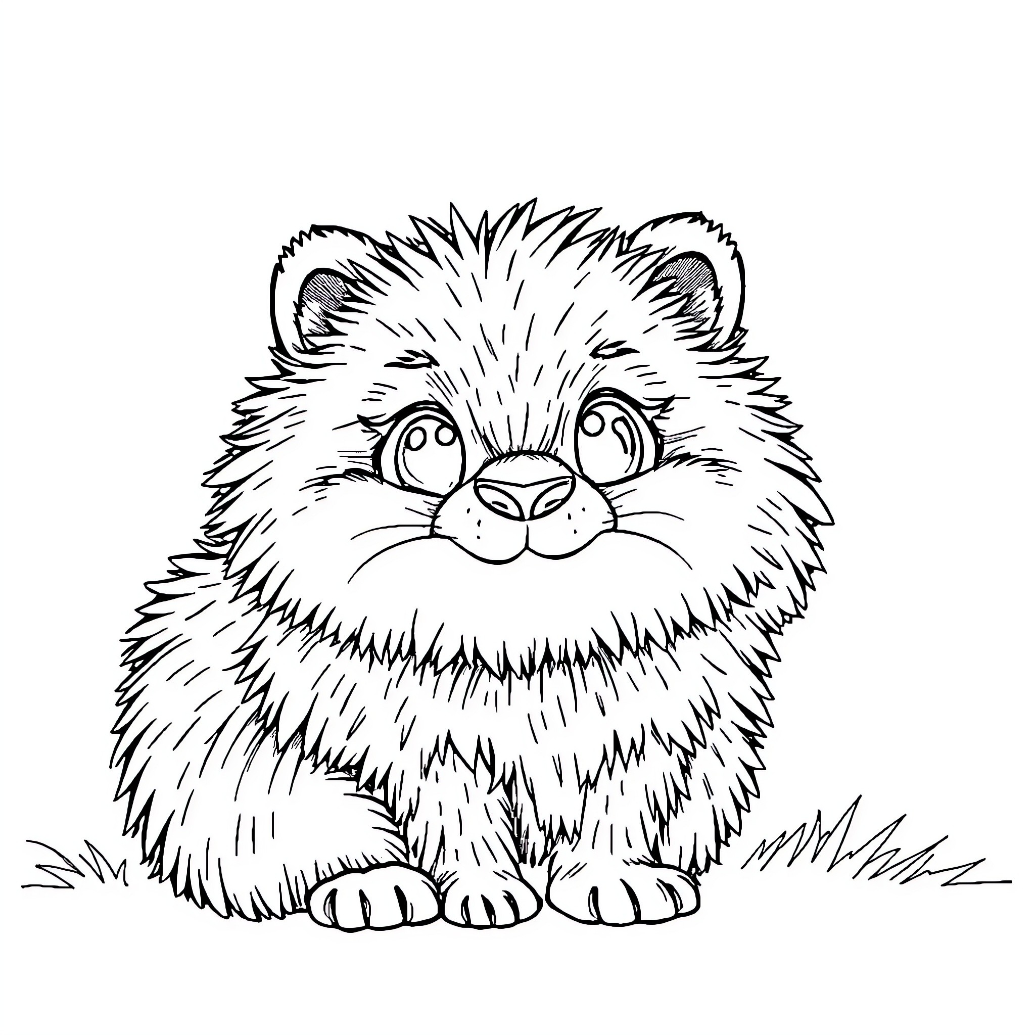 Fur-Filled Pom-Pom Pup Posing Playfully Coloring Page (free black-and-white line drawing printable PDF for all, from beginners to advanced learners, including children, teens, adults, and seniors)