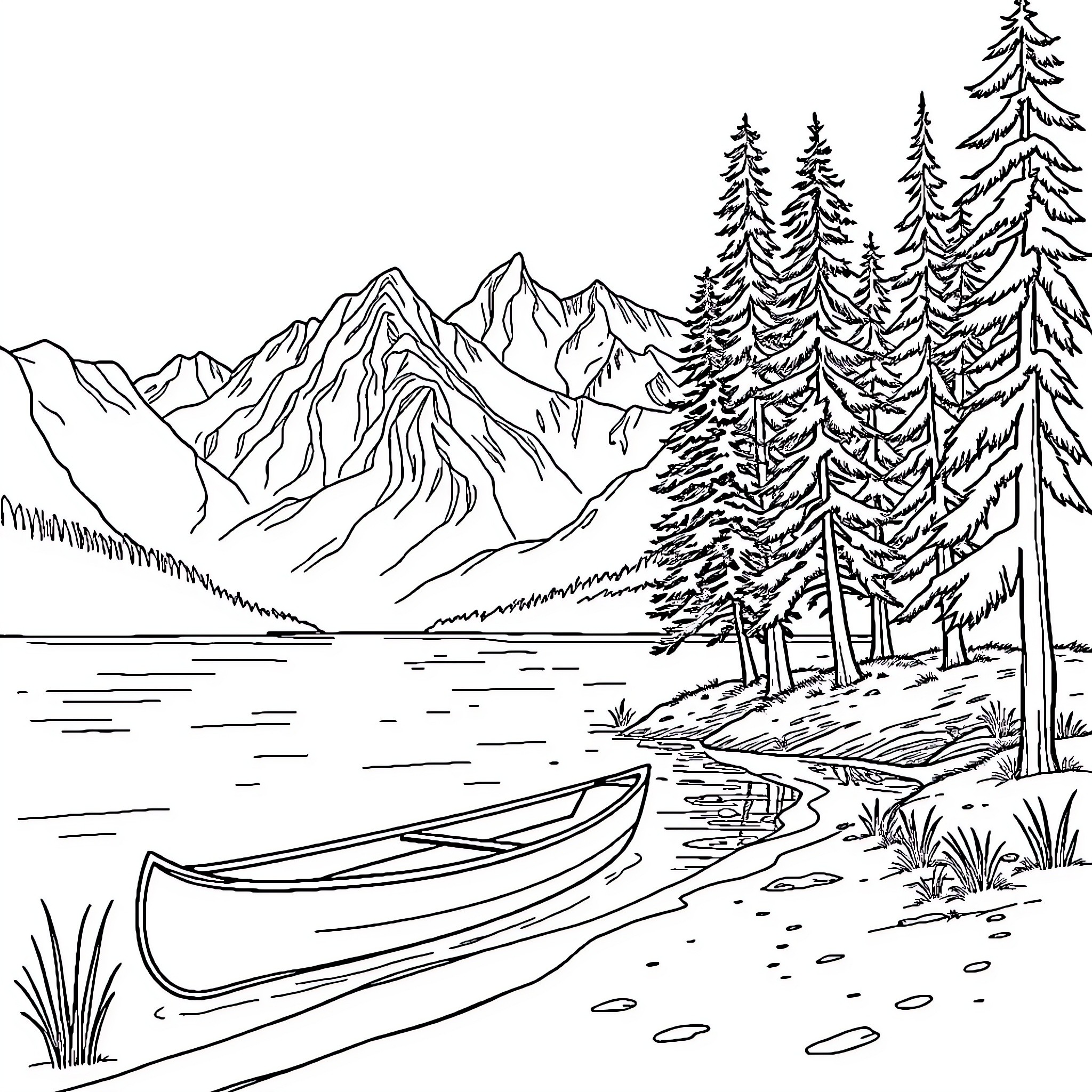 Lake Landscape with Canoe and Snowy Mountains Coloring Page (free black-and-white line drawing printable PDF for all, from beginners to advanced learners, including children, teens, adults, and seniors)