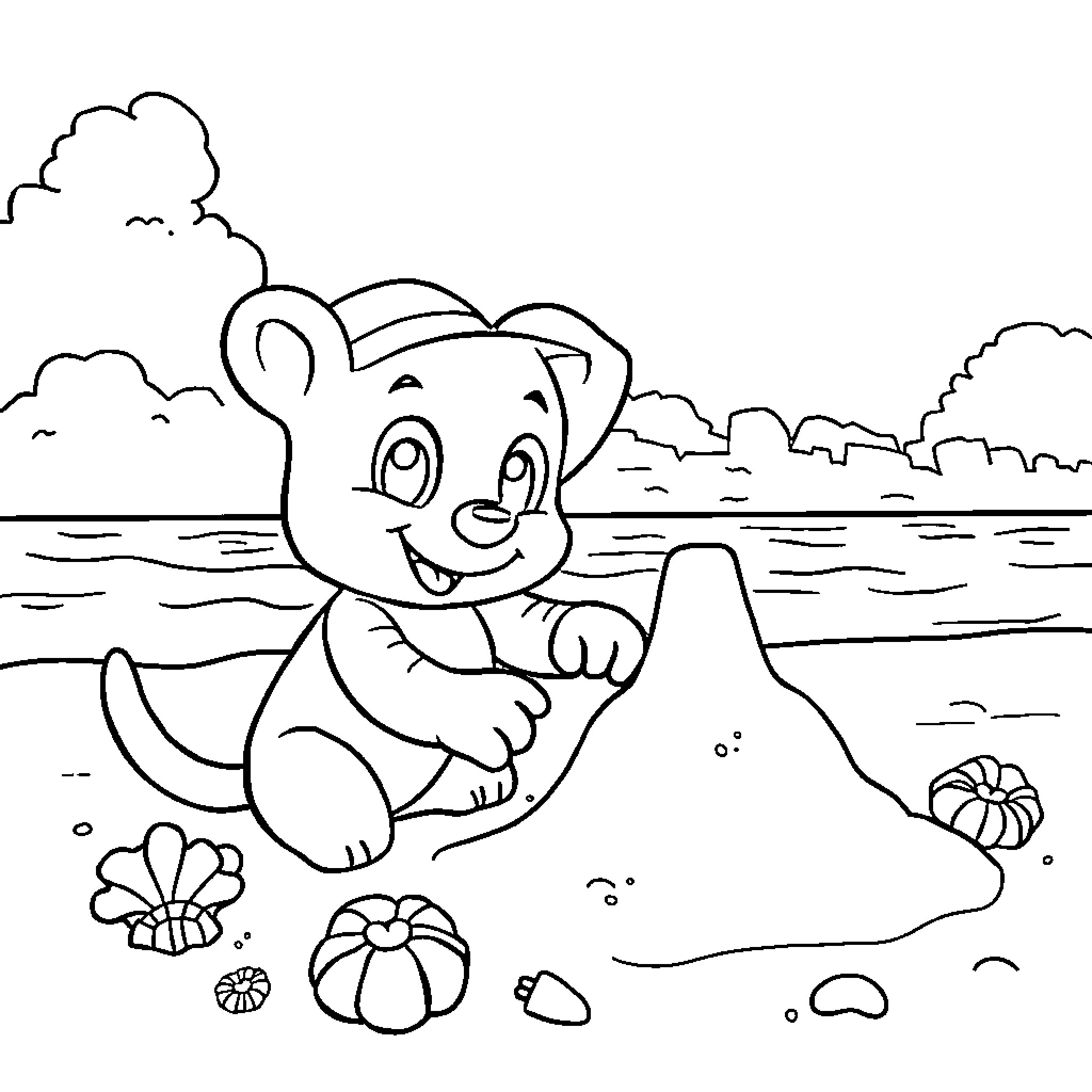 Bluey playing happily on the beach Coloring Page (free black-and-white line drawing printable PDF for all, from beginners to advanced learners, including children, teens, adults, and seniors)