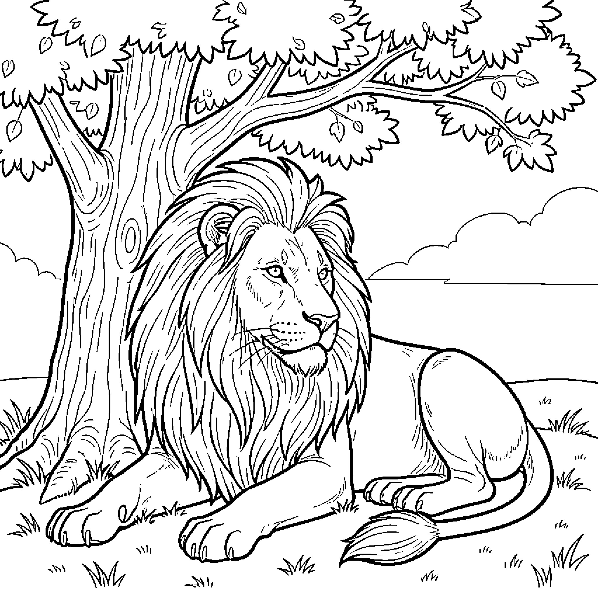 Lion resting peacefully under a large leafy tree Coloring Page (free black-and-white line drawing printable PDF for all, from beginners to advanced learners, including children, teens, adults, and seniors)