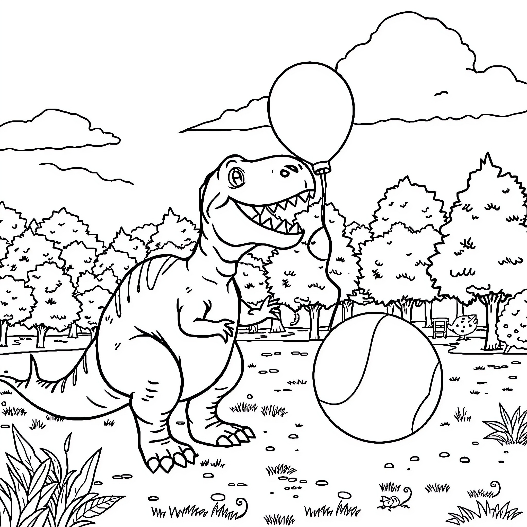 Dinosaur playing with colorful balloons in a park Coloring Page (free black-and-white line drawing printable PDF for all, from beginners to advanced learners, including children, teens, adults, and seniors)