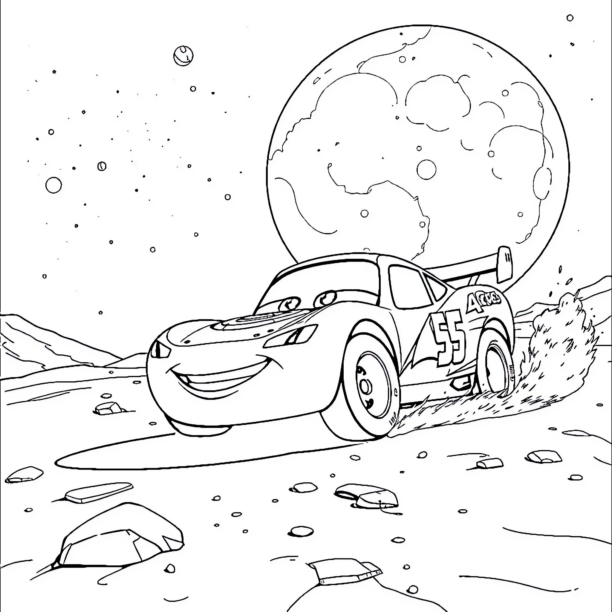 Lightning McQueen racing under the night sky Coloring Page (free black-and-white line drawing printable PDF for all, from beginners to advanced learners, including children, teens, adults, and seniors)