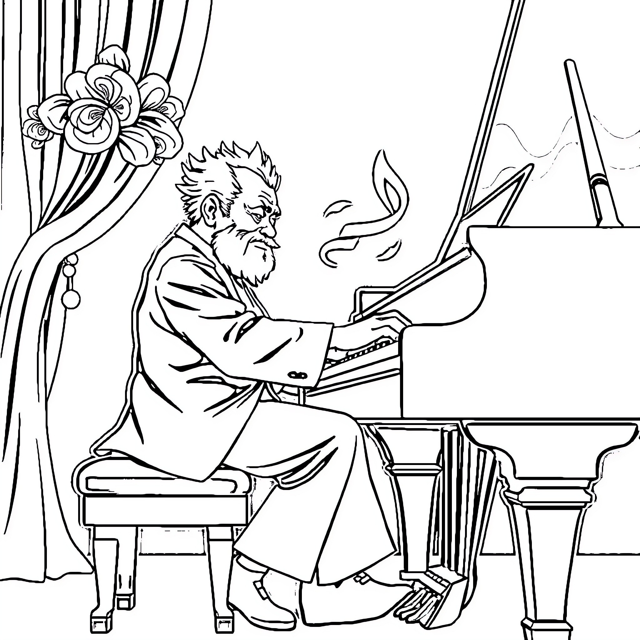 Sangoku musician playing the piano with passion Coloring Page (free black-and-white line drawing printable PDF for all, from beginners to advanced learners, including children, teens, adults, and seniors)