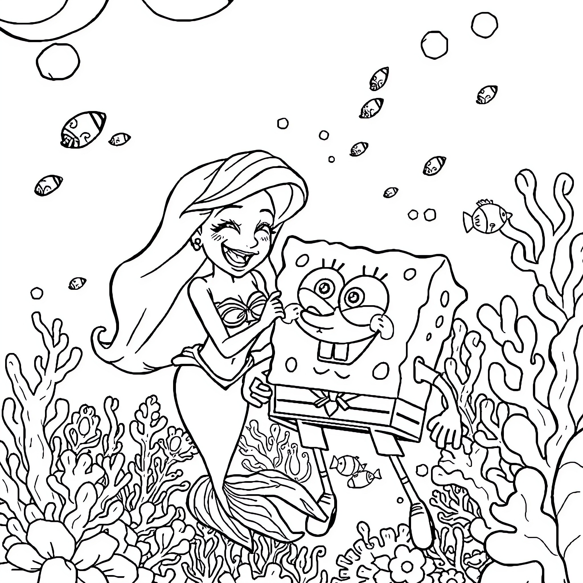 Ariel and SpongeBob exploring the underwater world Coloring Page (free black-and-white line drawing printable PDF for all, from beginners to advanced learners, including children, teens, adults, and seniors)