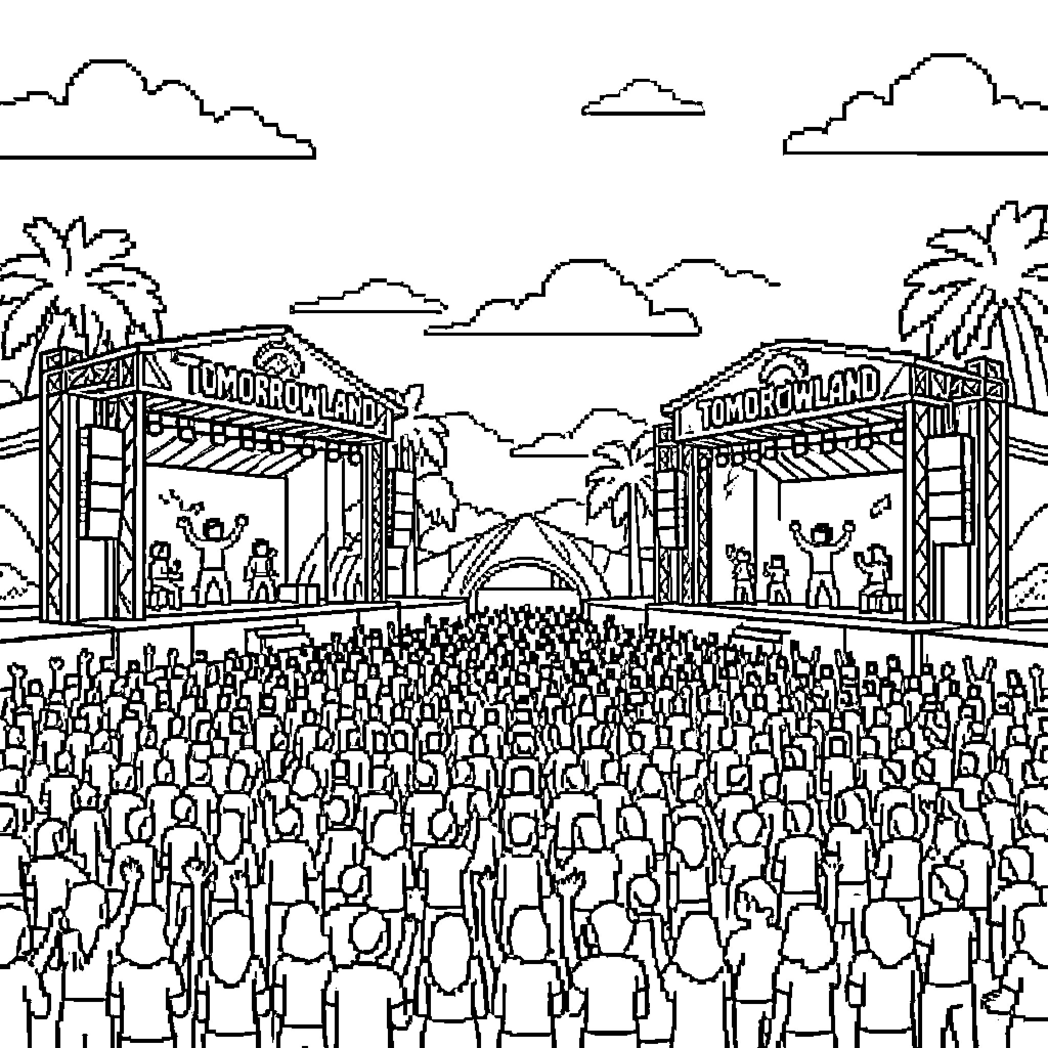 Tomorrowland music festival crowd cheering at large stages Coloring Page (free black-and-white line drawing printable PDF for all, from beginners to advanced learners, including children, teens, adults, and seniors)