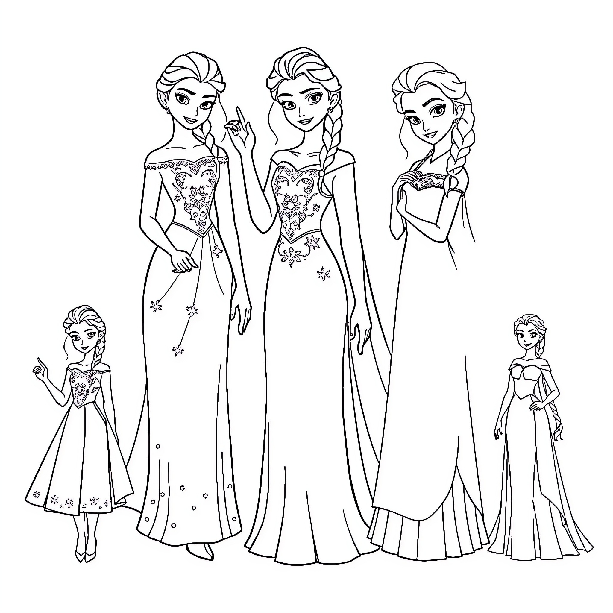 Elsa and friends in elegant dresses and hairstyles Coloring Page (free black-and-white line drawing printable PDF for all, from beginners to advanced learners, including children, teens, adults, and seniors)