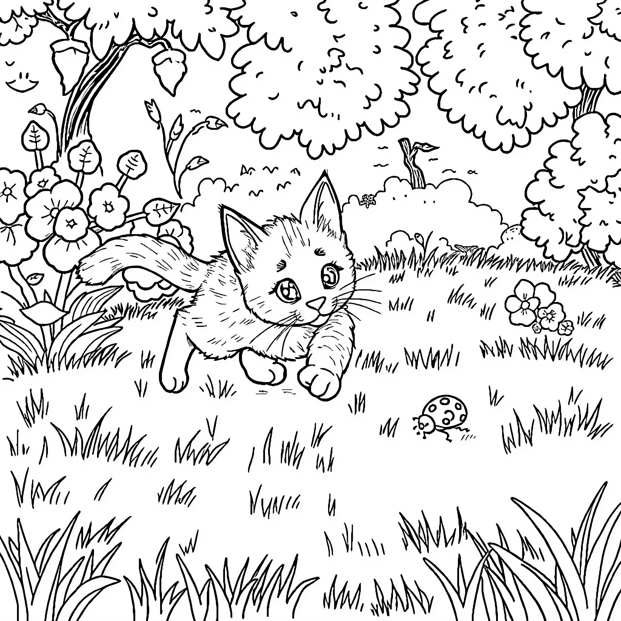 Cat Hiding in Lush Floral Garden Coloring Page (free black-and-white line drawing printable PDF for all, from beginners to advanced learners, including children, teens, adults, and seniors)
